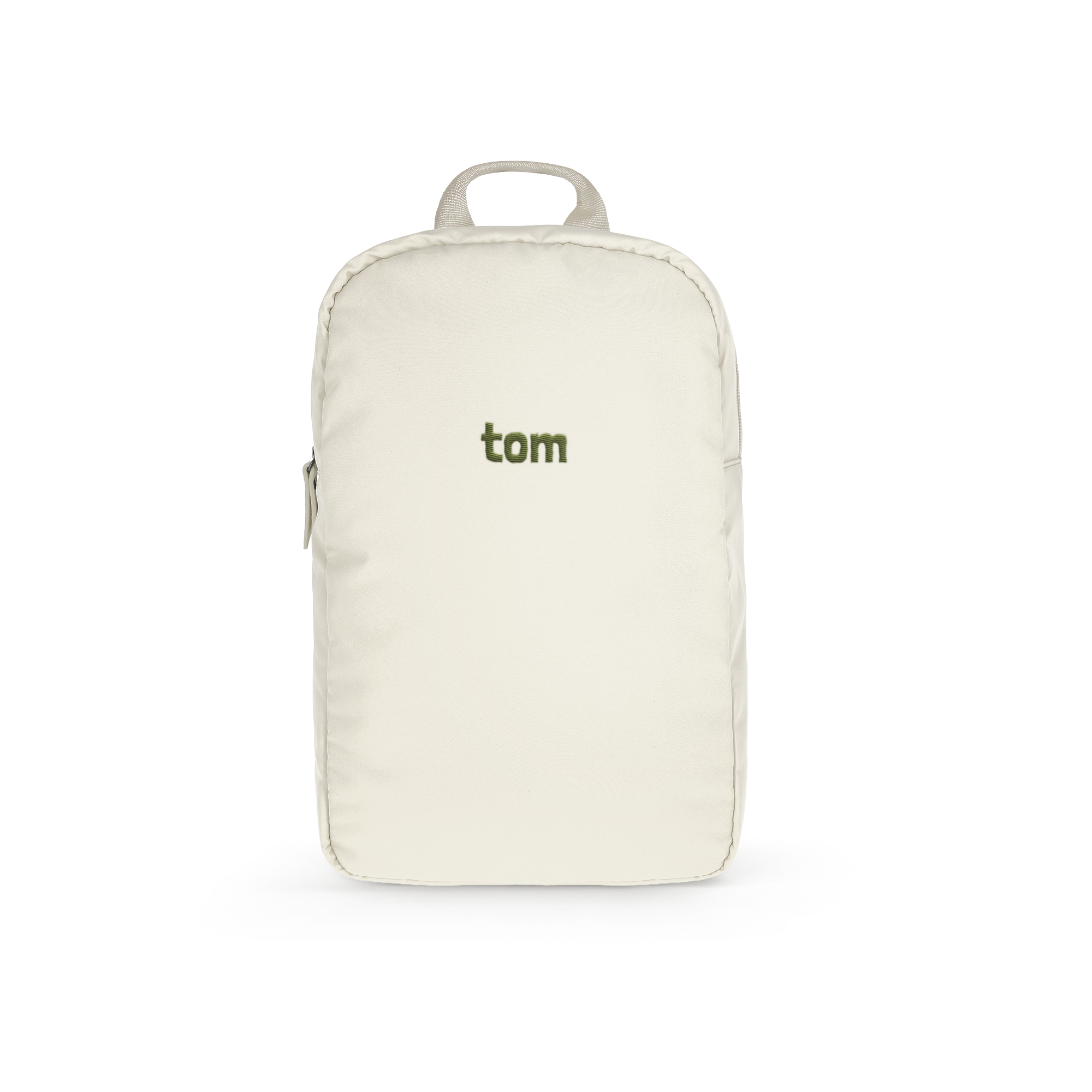 Sac à dos matelassé puffer pour enfants beige personnalisé avec le prénom "tom" brodé en vert.