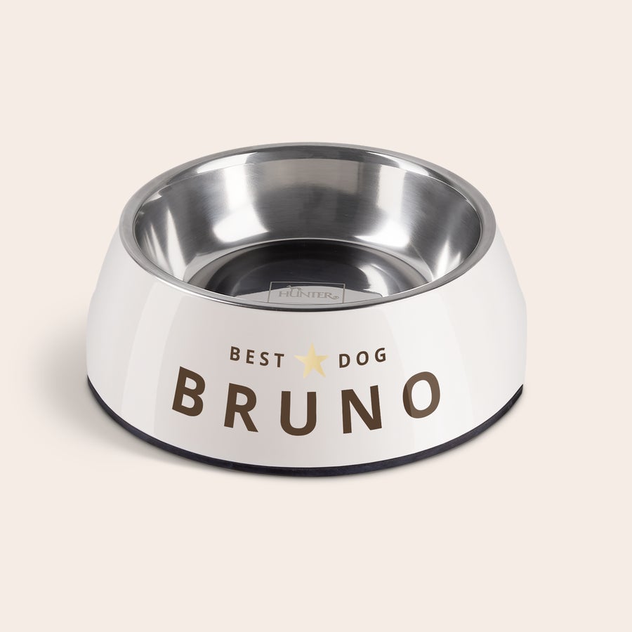 Kutya etetőtál Személyre szabott fehér kutyatál rozsdamentes acél belsővel, "BEST DOG BRUNO" felirattal nyomtatva