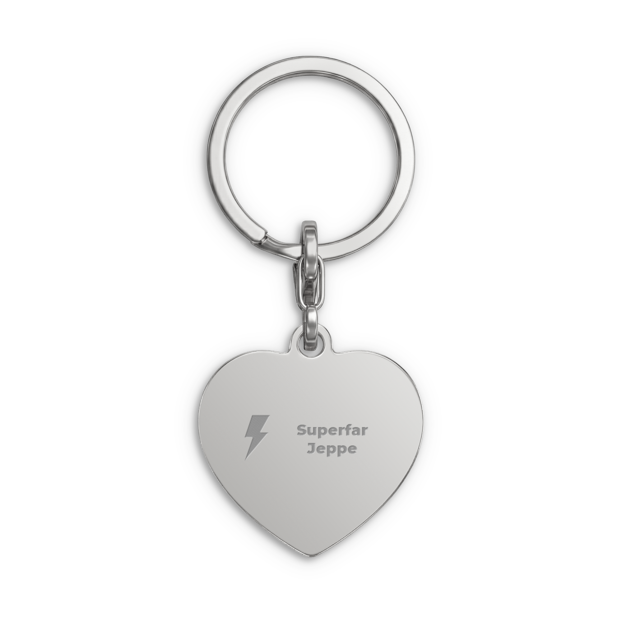 Graveret nøglering - Hjerte - Sølv med personlig gravering af navn Superfar Jeppe og lynsymbol