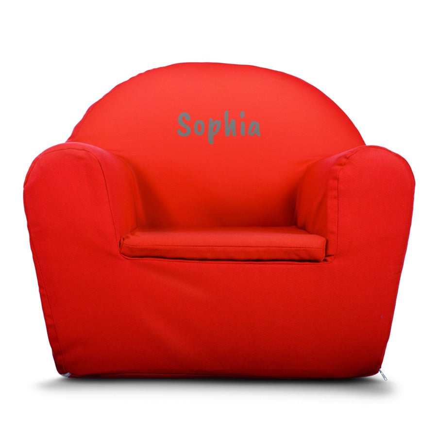 Fauteuil enfant rouge confortable à faire imprimer avec le prénom Sophia en gris