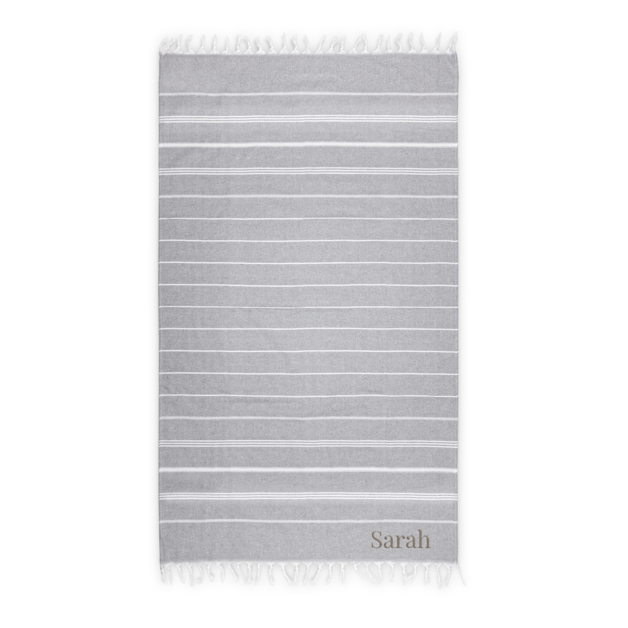 Telo hamman in cotone grigio con strisce bianche e ricamo personalizzato "Sarah" in beige per preparati per l'estate