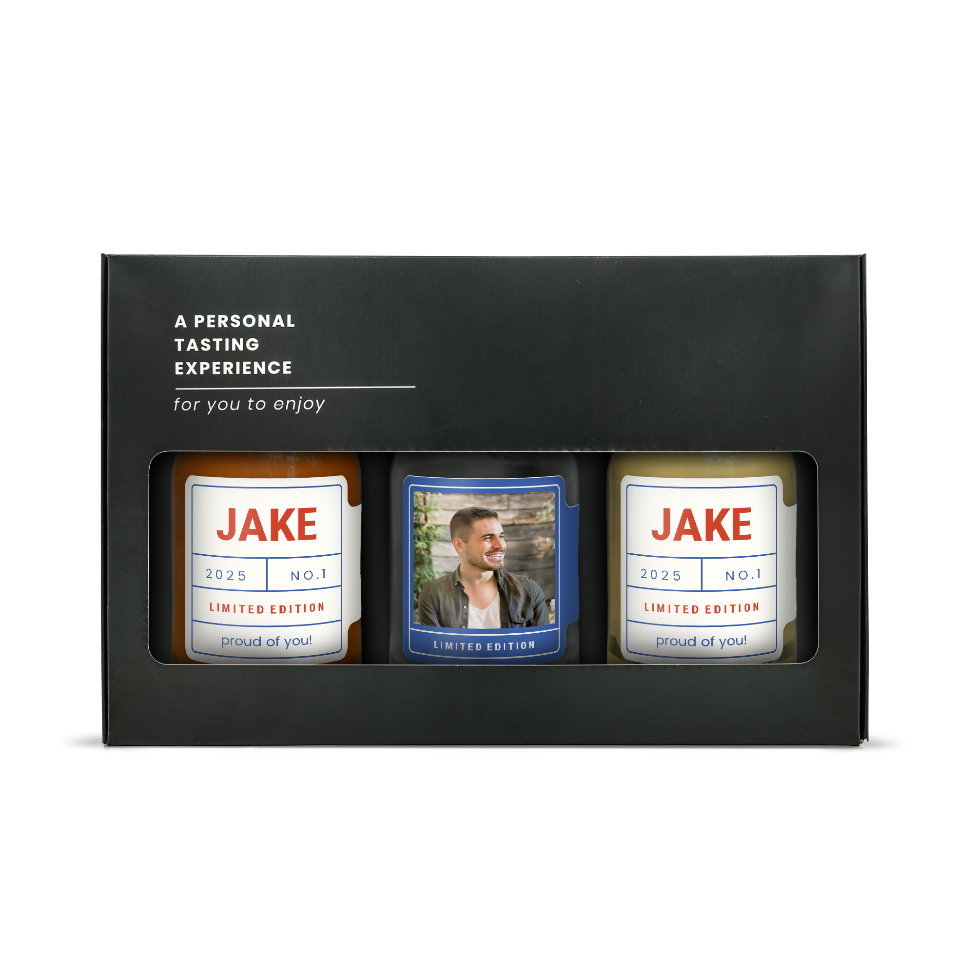 Personalised miniature alcohol tasting set with three bottles, custom labels printed with a name Jake and a photo.