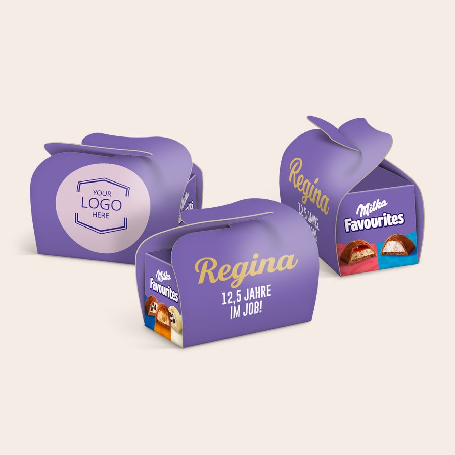 Milka Favourites Multipack-Geschenke – personalisiert Lila Milka Pralinenschachteln, personalisiert mit dem Namen Regina und dem Text 12,5 Jahre im Job