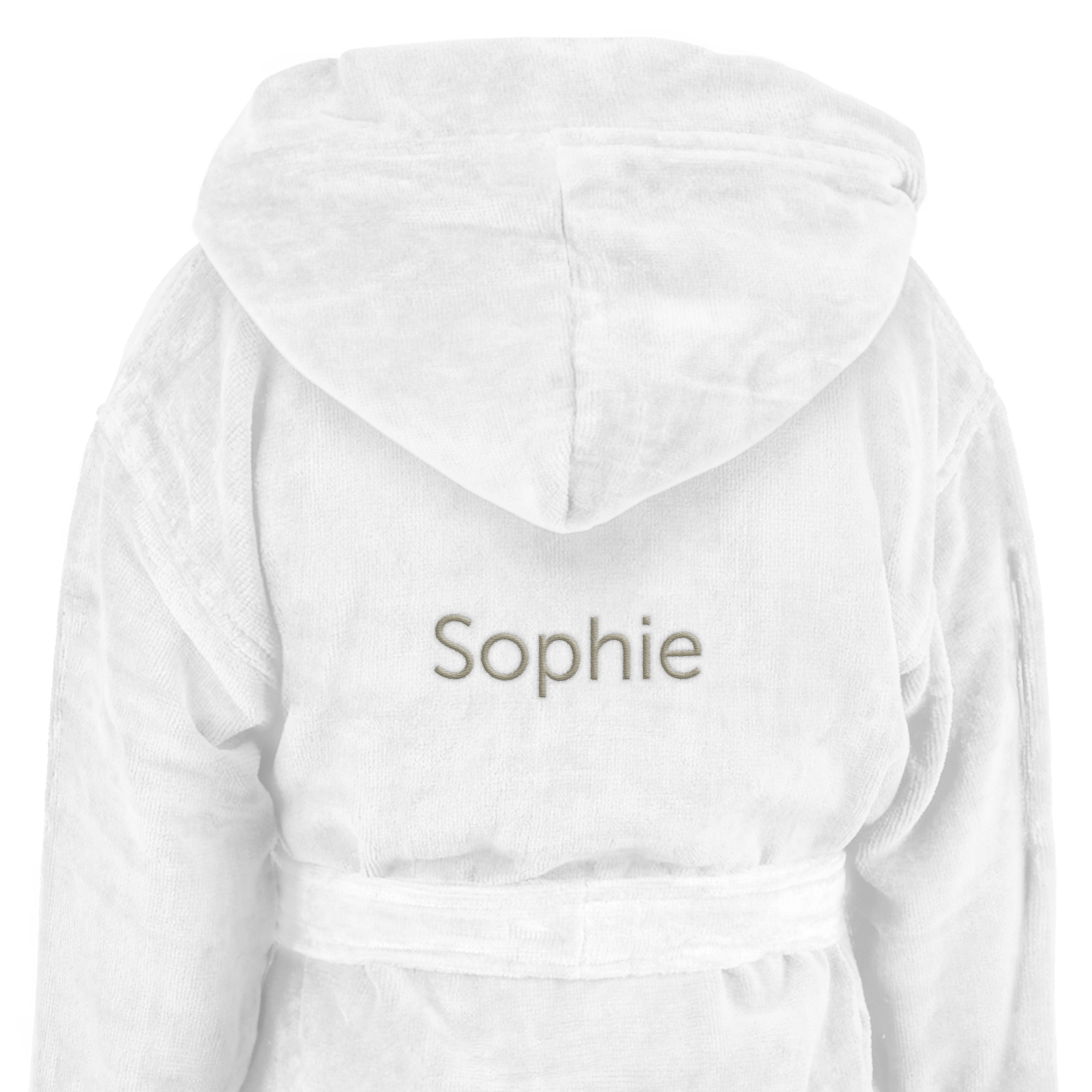 Weißer Kinderbademantel mit Kapuze und gesticktem Namen "Sophie" als Überraschung für deinen Mini.