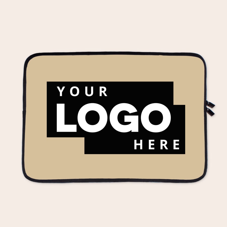 Laptop Sleeve Personalised laptop sleeve with custom logo printed on light brown fabric