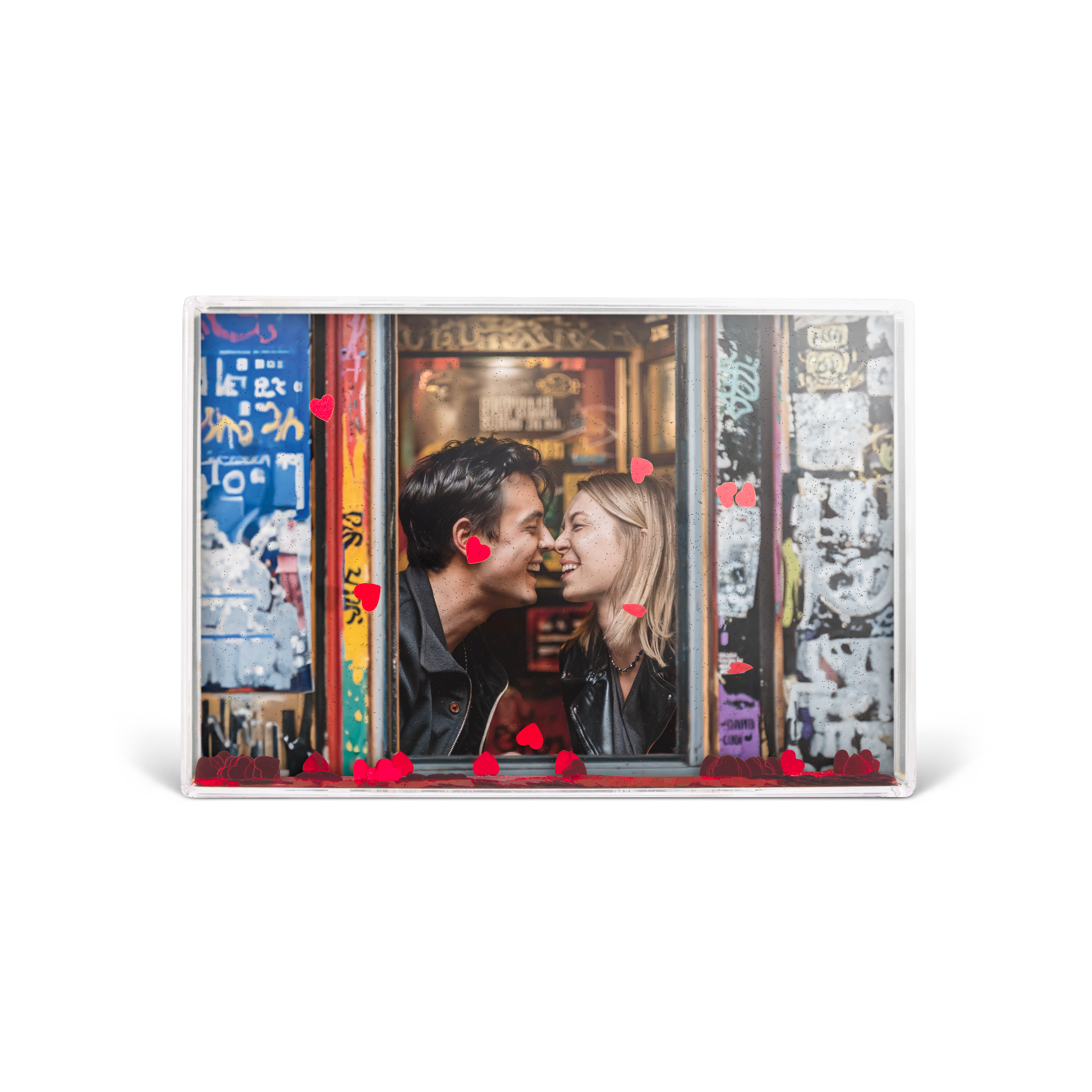 Bloque de nieve rectangular personalizado con foto de pareja y corazones rojos, ¡crea un regalo original!