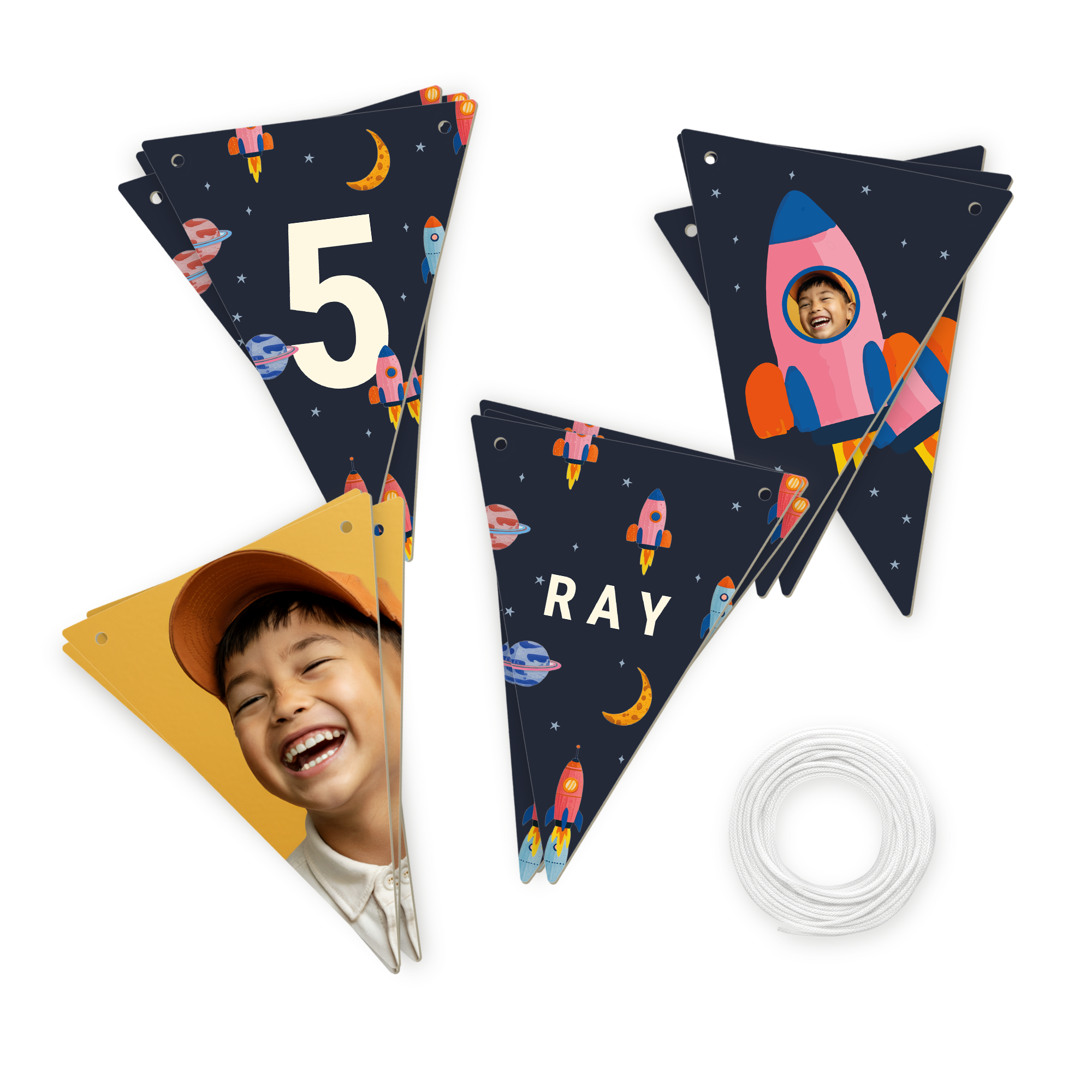 Personalised garland - Triangle - M - 10m, printed with a childs photo, age 5, and name Ray, featuring a space theme