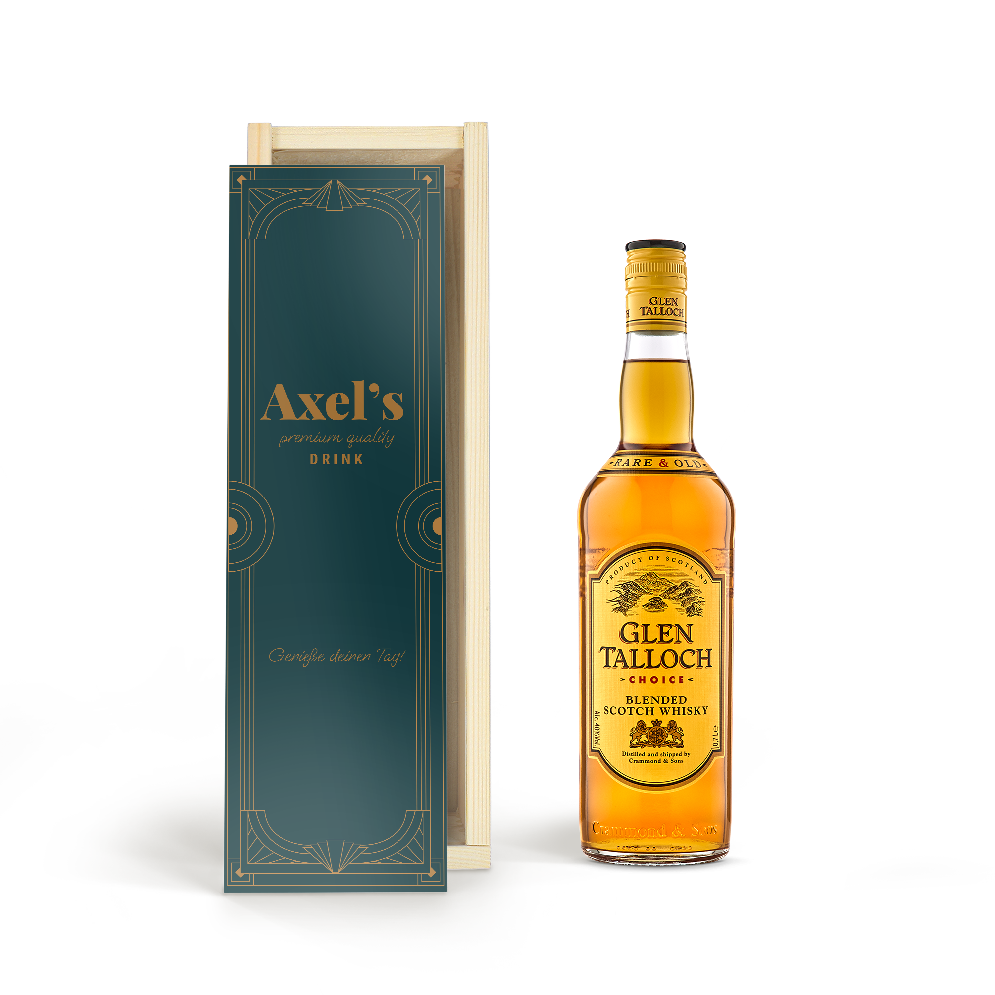 Glen Talloch Whiskyflasche in persönlicher Holzkiste, bedruckt mit dem Namen "Axel's" und dem Text "Genieße deinen Tag!".