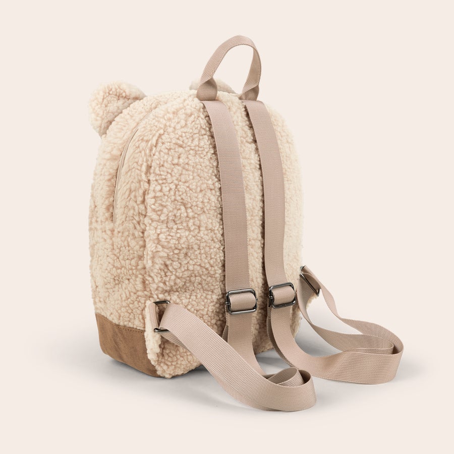 Mochila de peluche personalizada Mochila de peluche color crema con orejas y parte inferior de cuero sintético, personalizable con tu propio nombre.