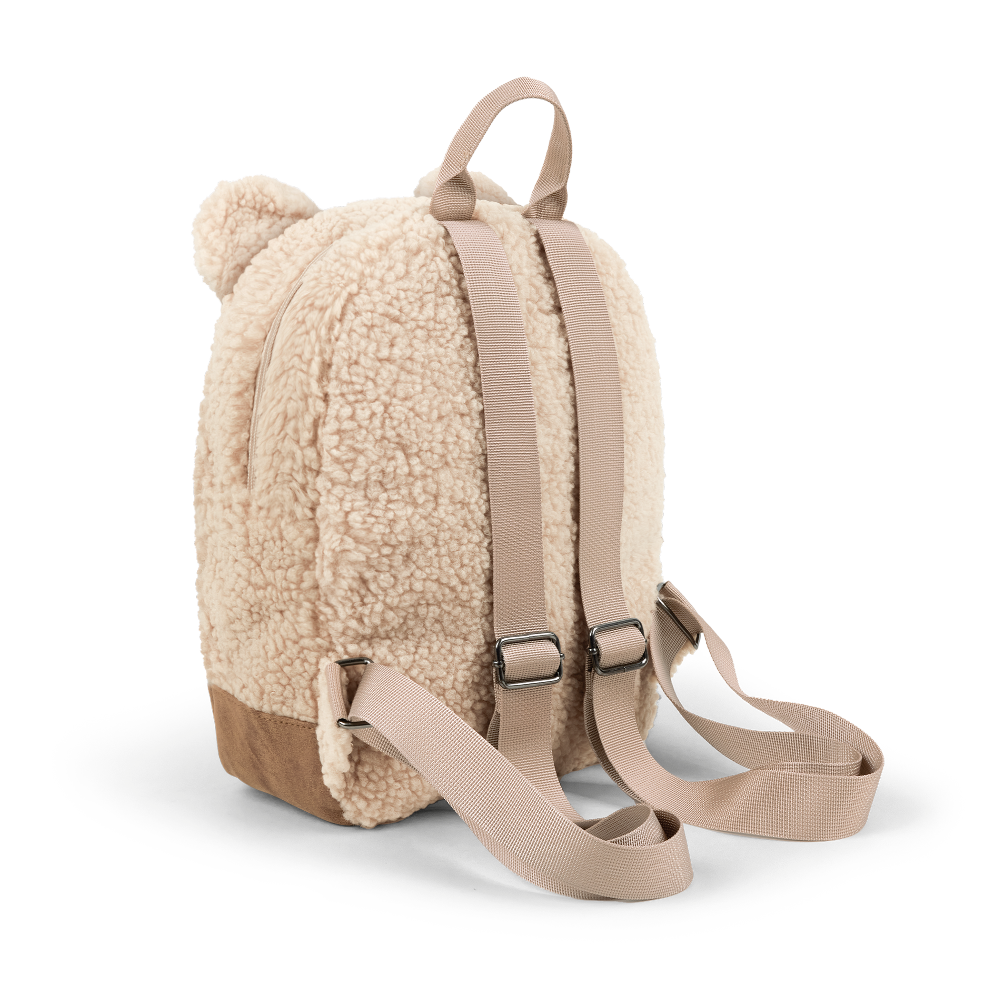 Beige teddy-ryggsekk med broderte ører, og justerbare skulderremmer. En personlig teddy-ryggsekk.