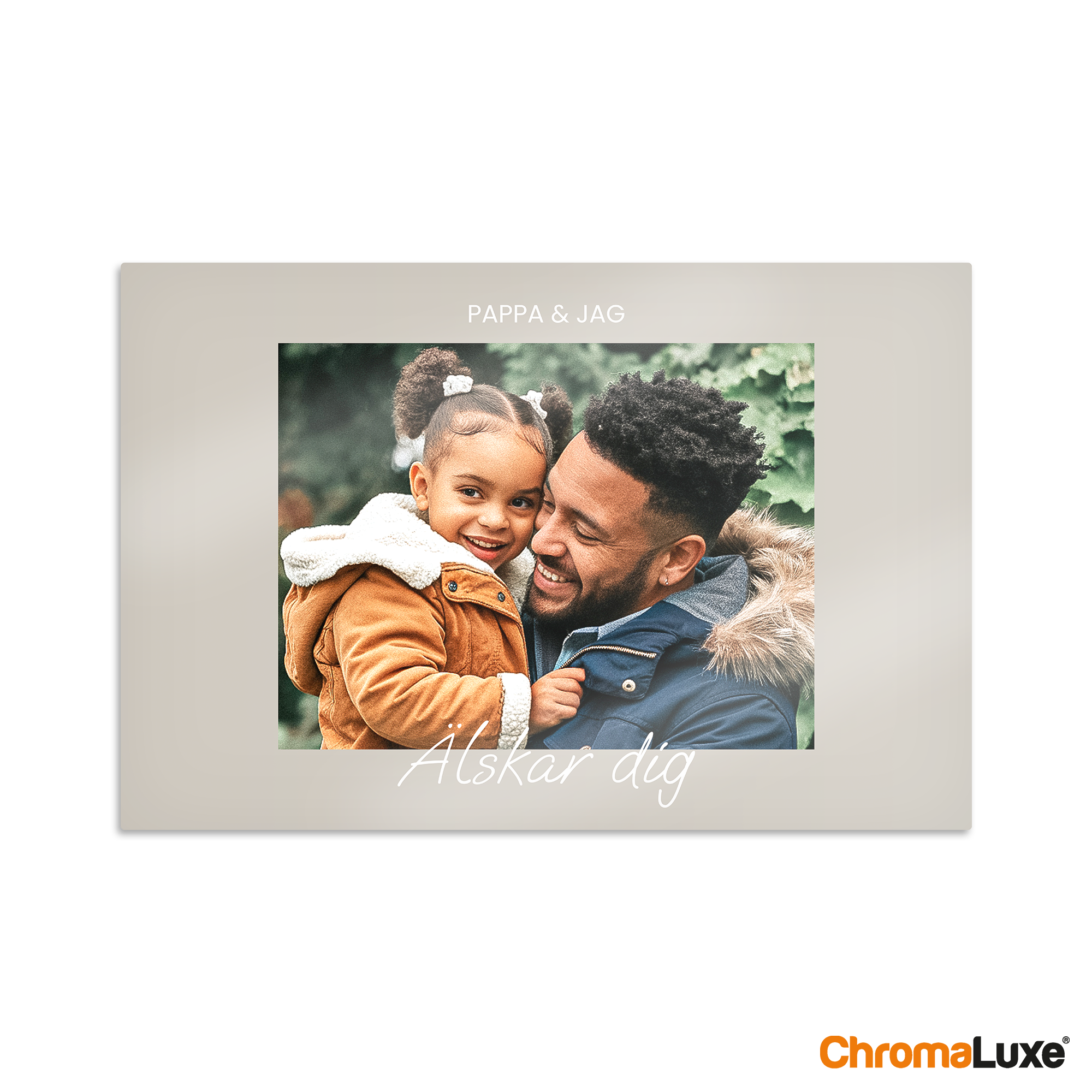 Aluminium Instagram fotokollage med tryckt foto av pappa och dotter, texten "PAPPA & JAG" och "Älskar dig"