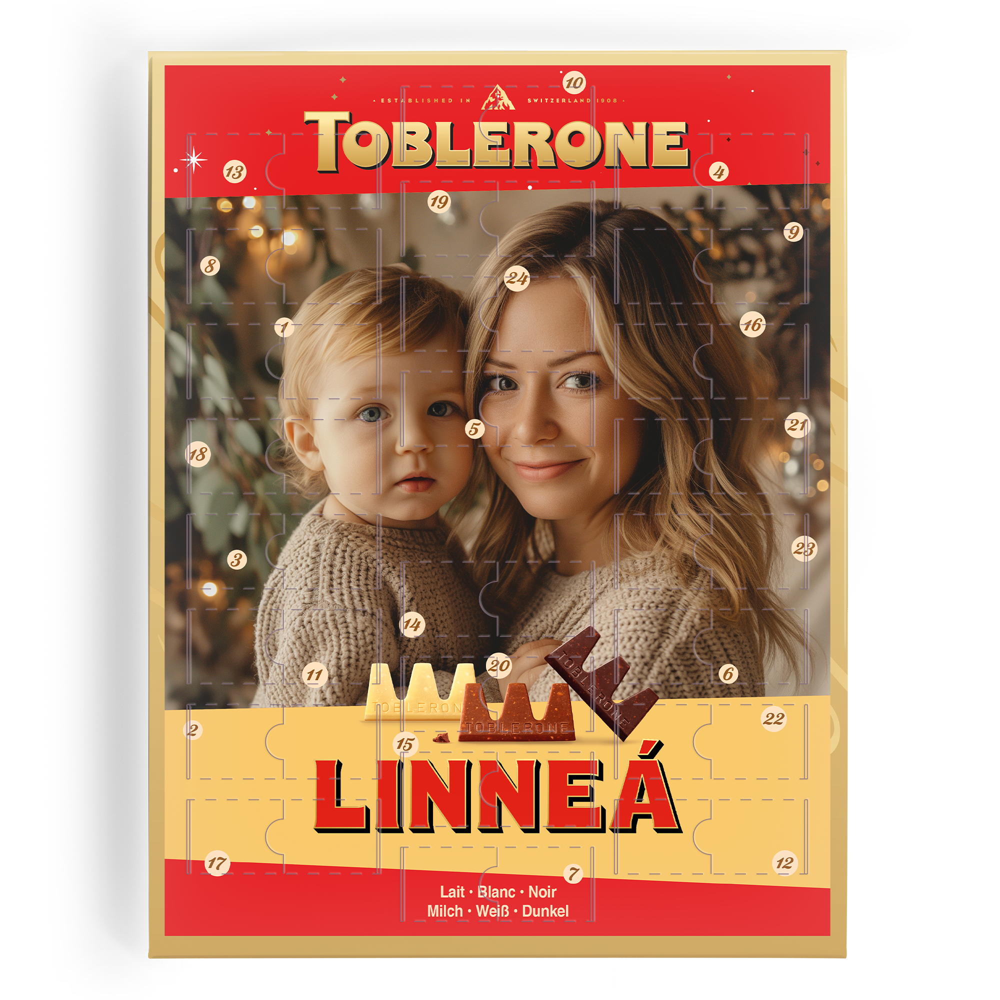 Räkna ned till jul med personlig Toblerone adventskalender med foto på mamma och barn, tryckt med namnet Linnéa.