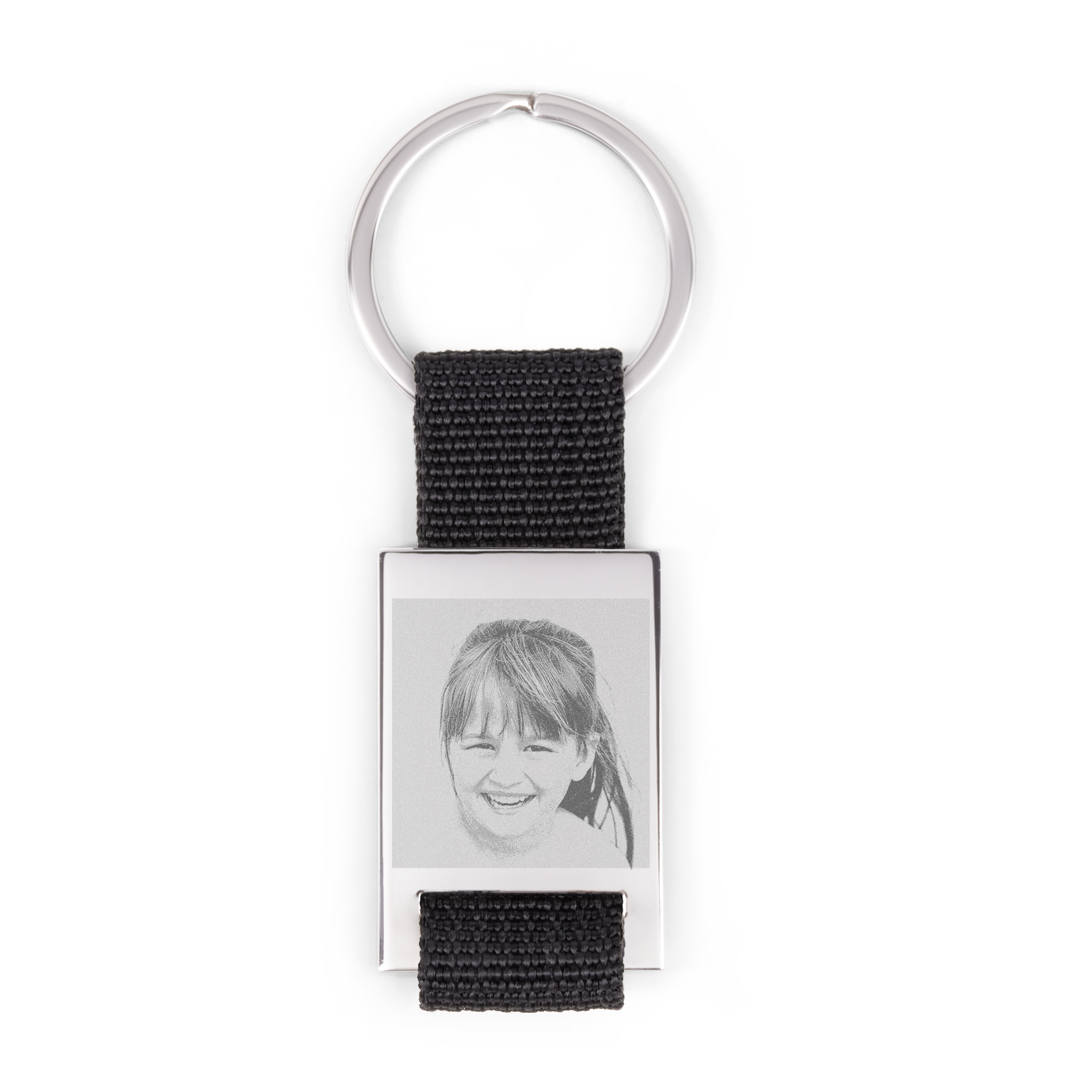 Porte-clés de luxe rectangulaire noir et argent avec photo gravée d'une jeune fille souriante