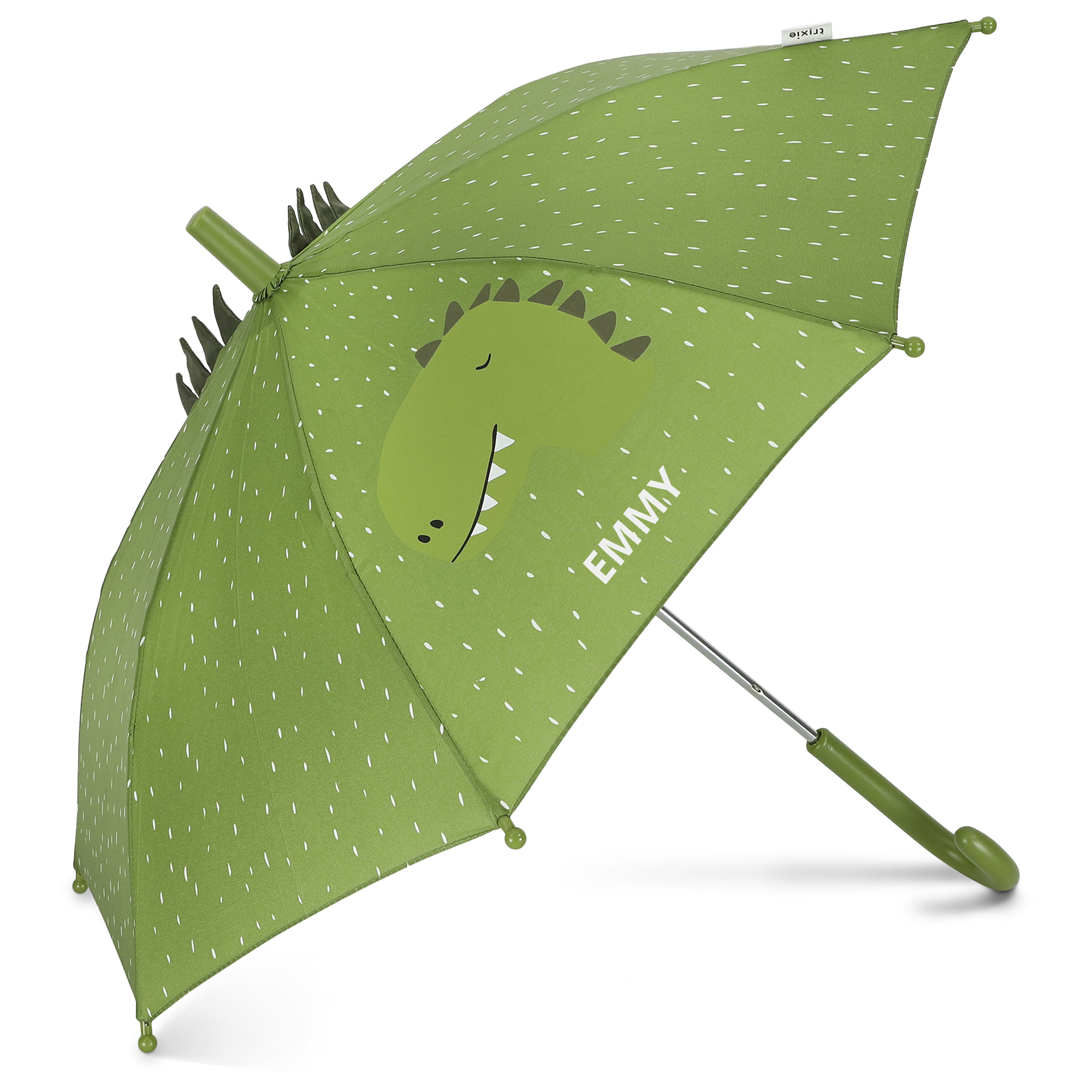 Parapluie enfant vert imprimé dinosaure avec le nom Emmy, parfait pour marcher sous la pluie