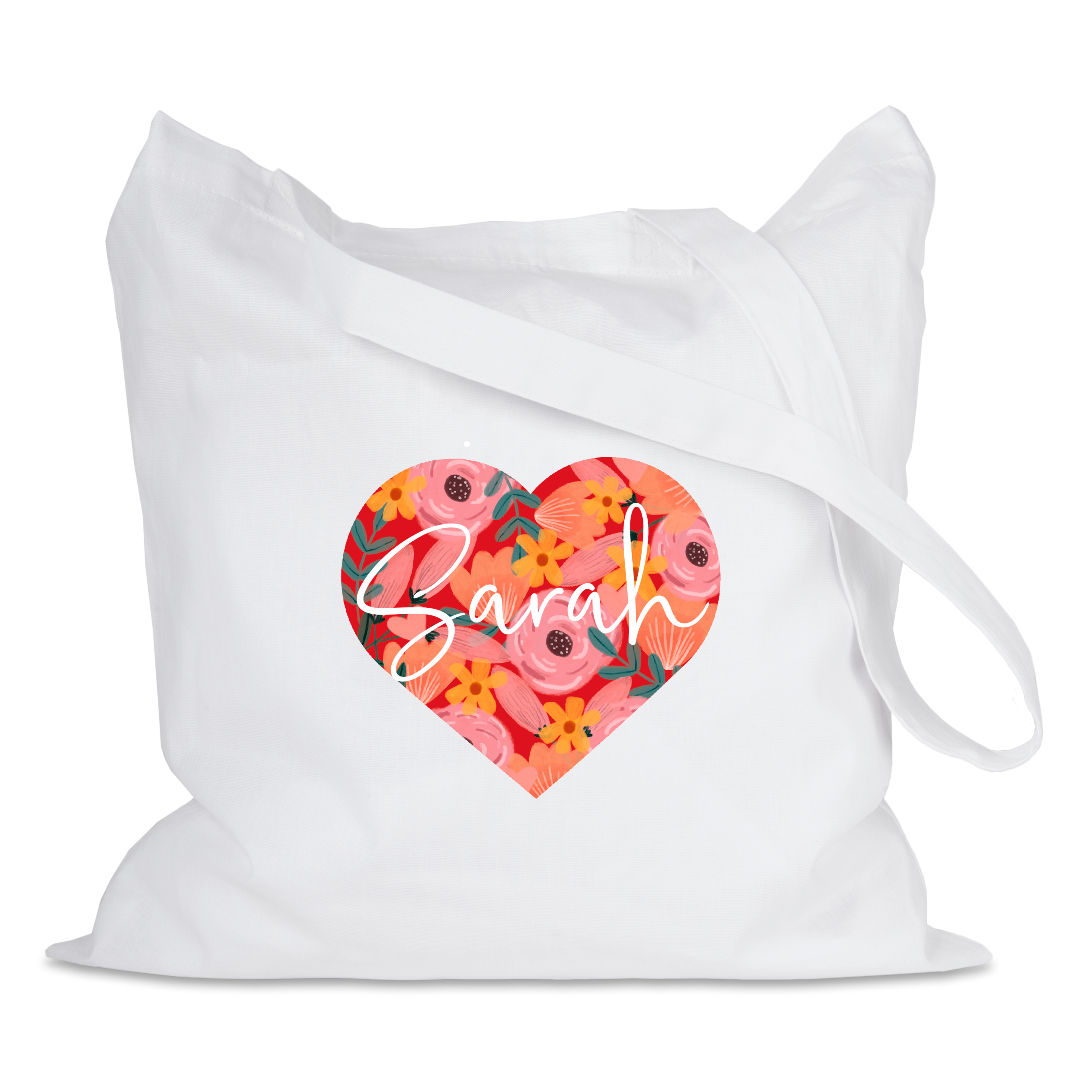 Bolsa de tela blanca personalizada con un corazón floral rojo impreso y el nombre Sarah.