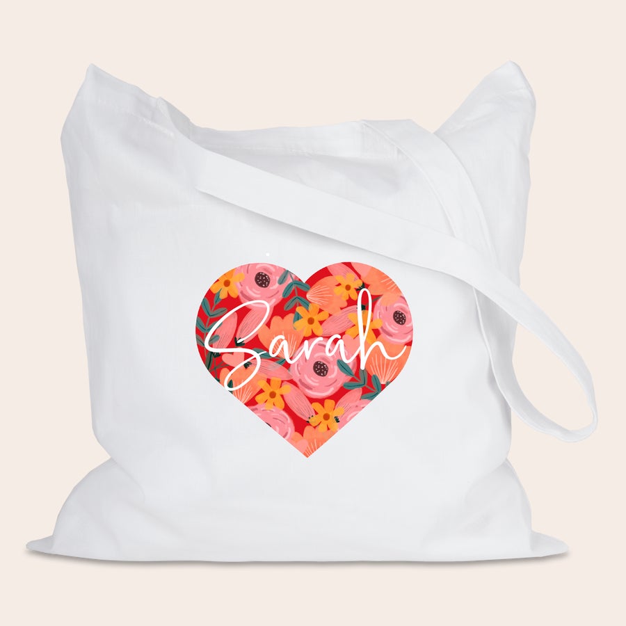 Shopper Personalizzata Shopper personalizzata bianca con cuore floreale stampato e nome Sarah