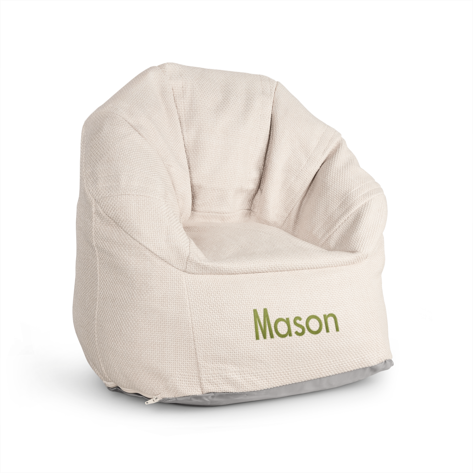 Personalizowany fotelik dziecięcy w beżowym kolorze z wyhaftowanym zielonym imieniem Mason