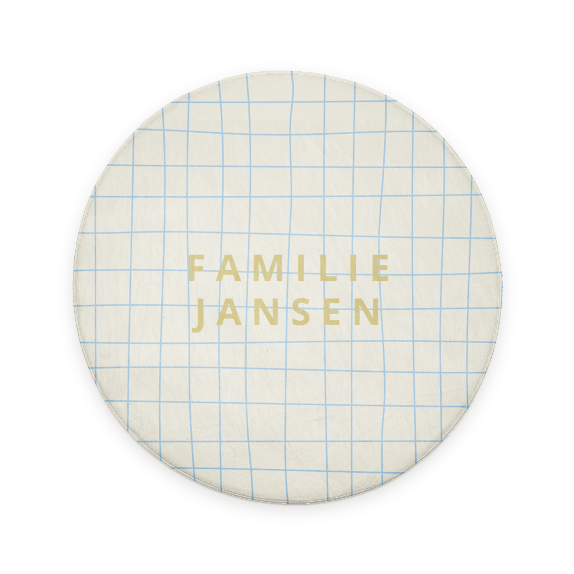 Ronde badmat met blauw ruitpatroon en goudkleurige tekst Familie Jansen, bedrukt om elke badkamer in een persoonlijke oase te veranderen.