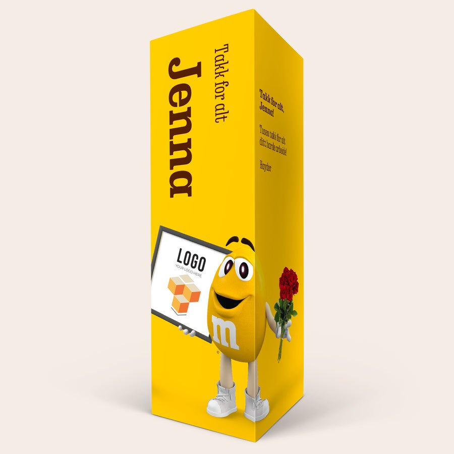 Personlig M&M's gaveeske Personlig M&M's-gaveeske trykt med navn Jenna og meldingen Takk for alt.