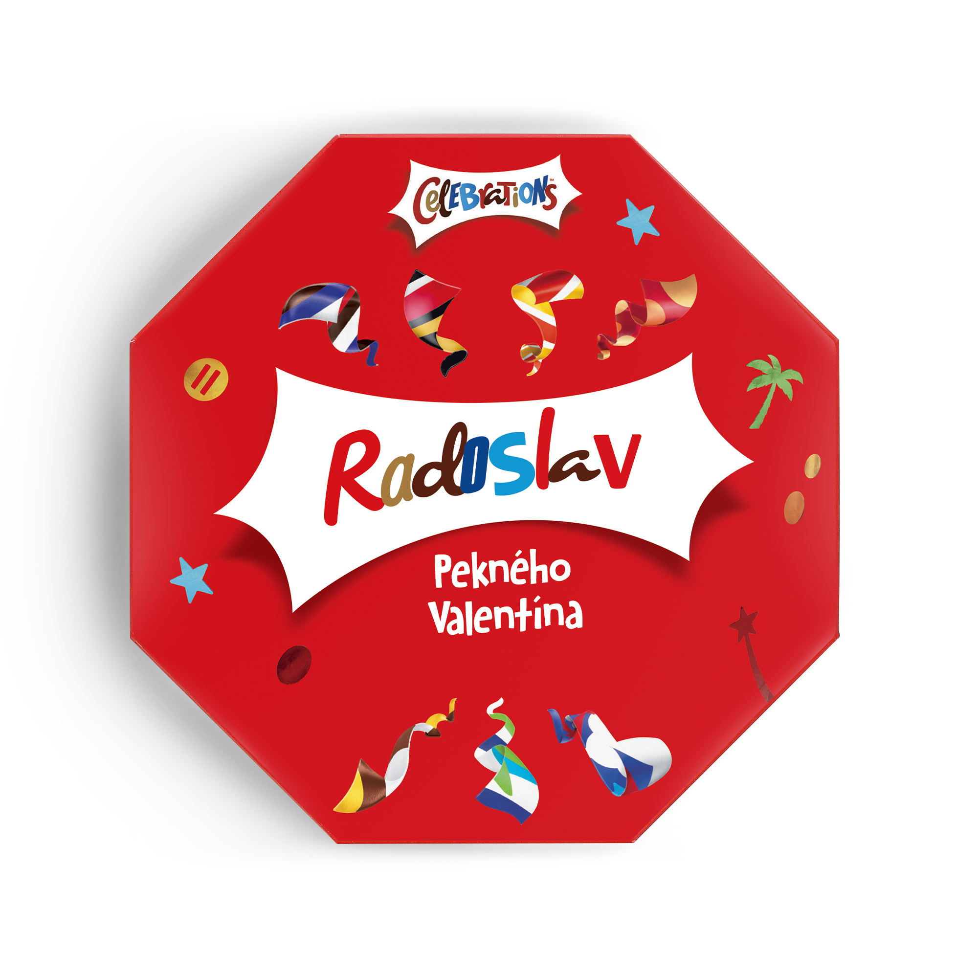 personalizovaná krabička Celebrations s menom Radoslav a textom Pekného Valentína, potlačená farebnými stužkami