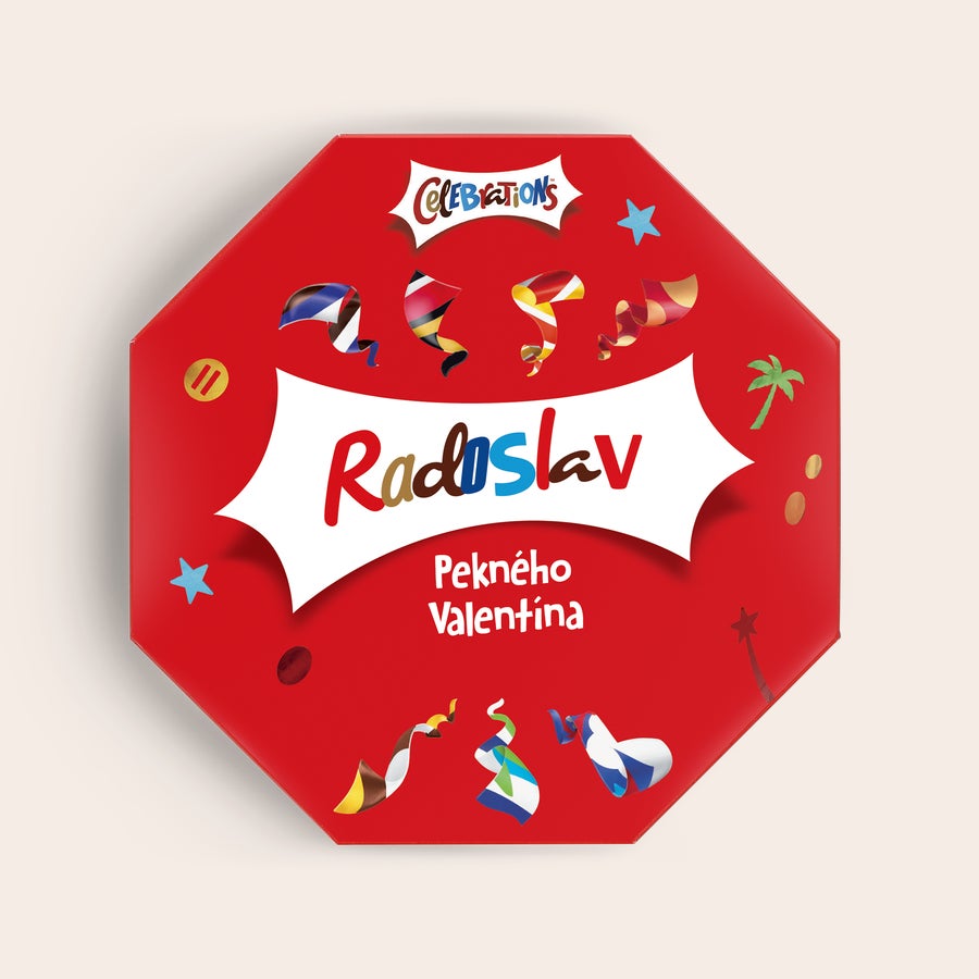 Krabička Celebrations s menom personalizovaná krabička Celebrations s menom Radoslav a textom Pekného Valentína, potlačená farebnými stužkami