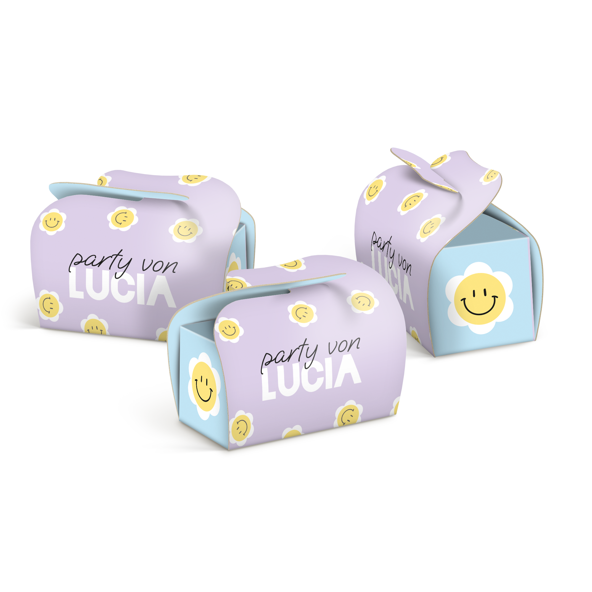 Drei bedruckte Schachteln für Milka Favourites, personalisiert mit "party von LUCIA" und Blumen-Smileys. Kreiere deine eigenen süßen Momente.
