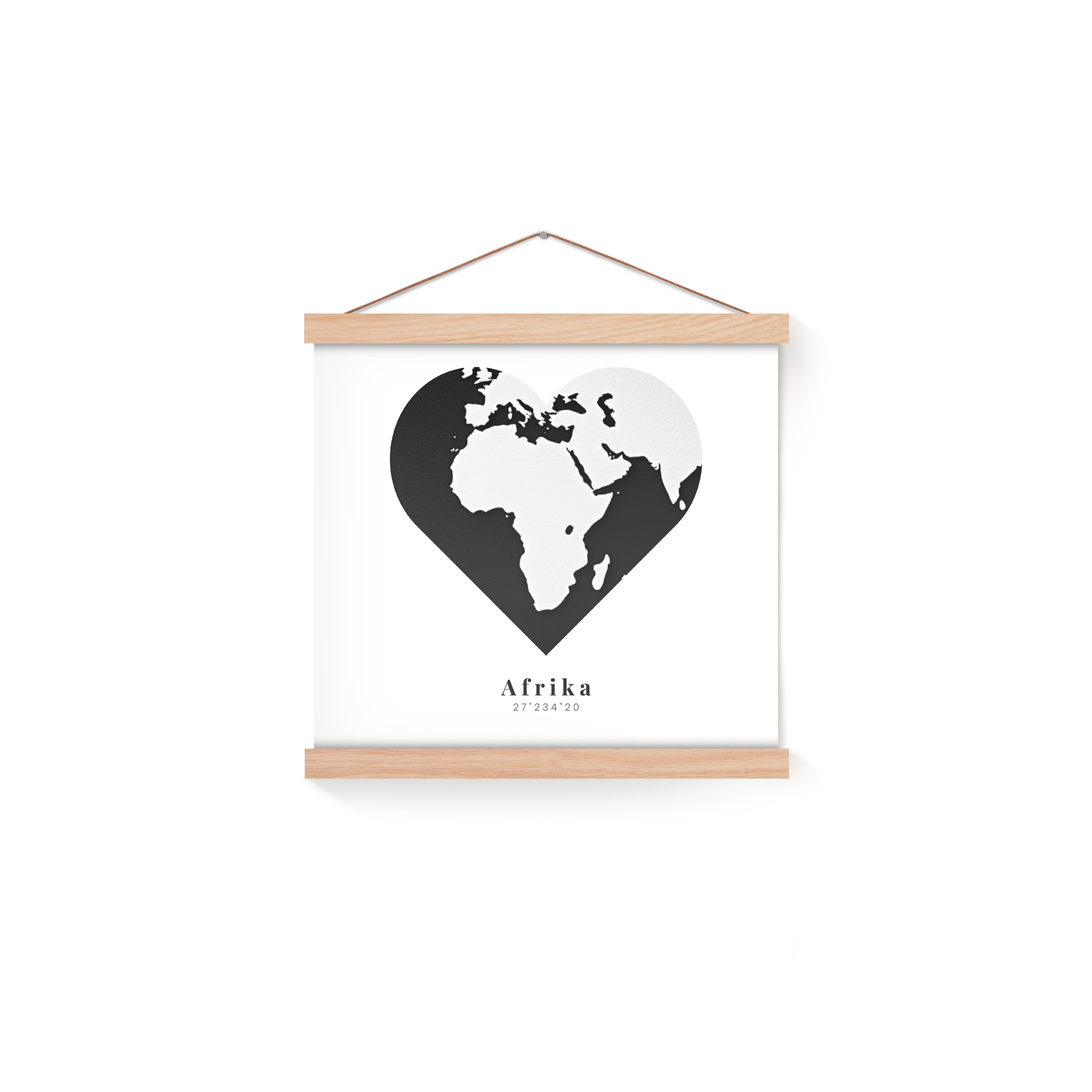Poster da parete personalizzato con cuore e mappa dell'Africa, stampato con il testo "Afrika 27°234°20"