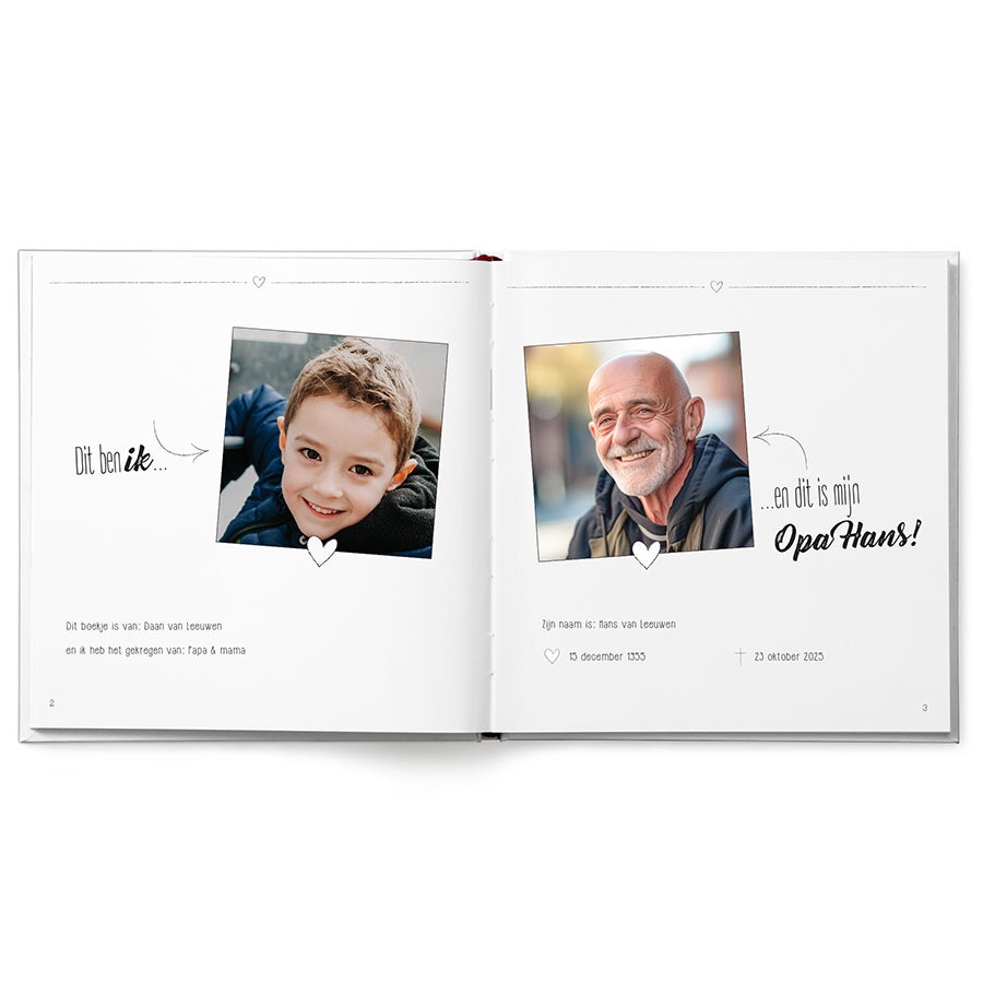 Boek "Lieve Opa, omdat ik je zo mis" met naam Gepersonaliseerd boek - Lieve Opa, omdat ik je zo mis - Hardcover met eigen foto's en namen, openliggend met kind en opa.