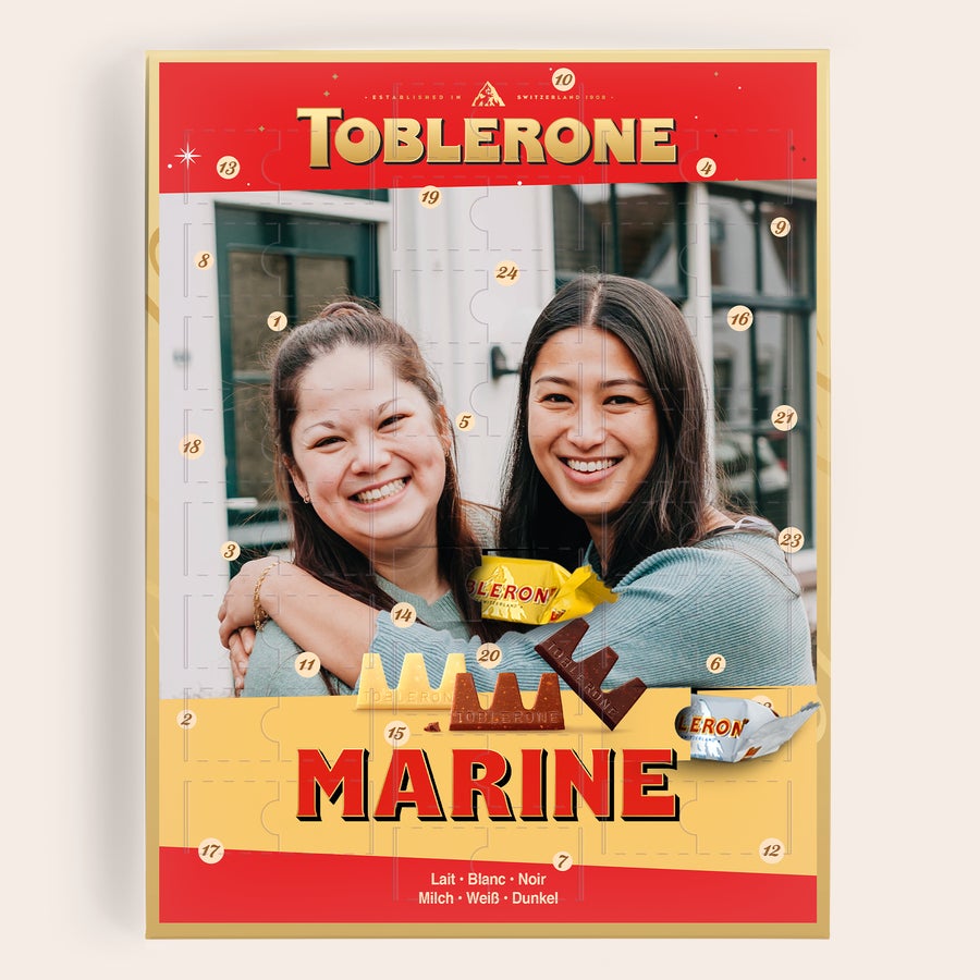 Calendrier de l'avent Toblerone  2025 Calendrier de l'Avent Toblerone personnalisé avec la photo de deux amies et le prénom Marine