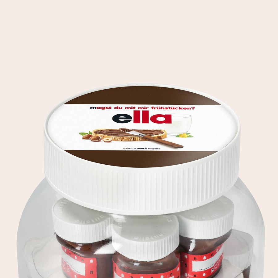 Personalisiertes nutella® Glas XL mit Namen und Foto Personalisiertes XL nutella®-Glas mit 21 Minigläsern und farbig bedrucktem Deckel "magst du mit mir frühstücken? ella"