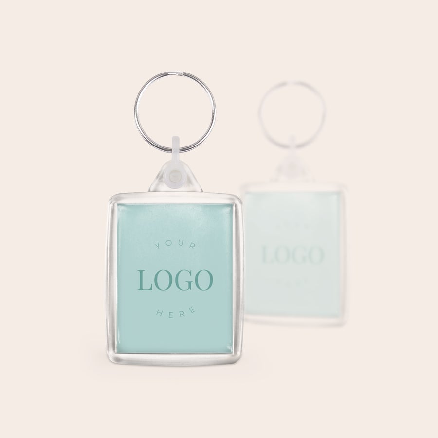 Llaveros impresión doble - Acrílico Juego de llaveros personalizados de metacrilato transparente con impresión de logo a doble cara y anilla.