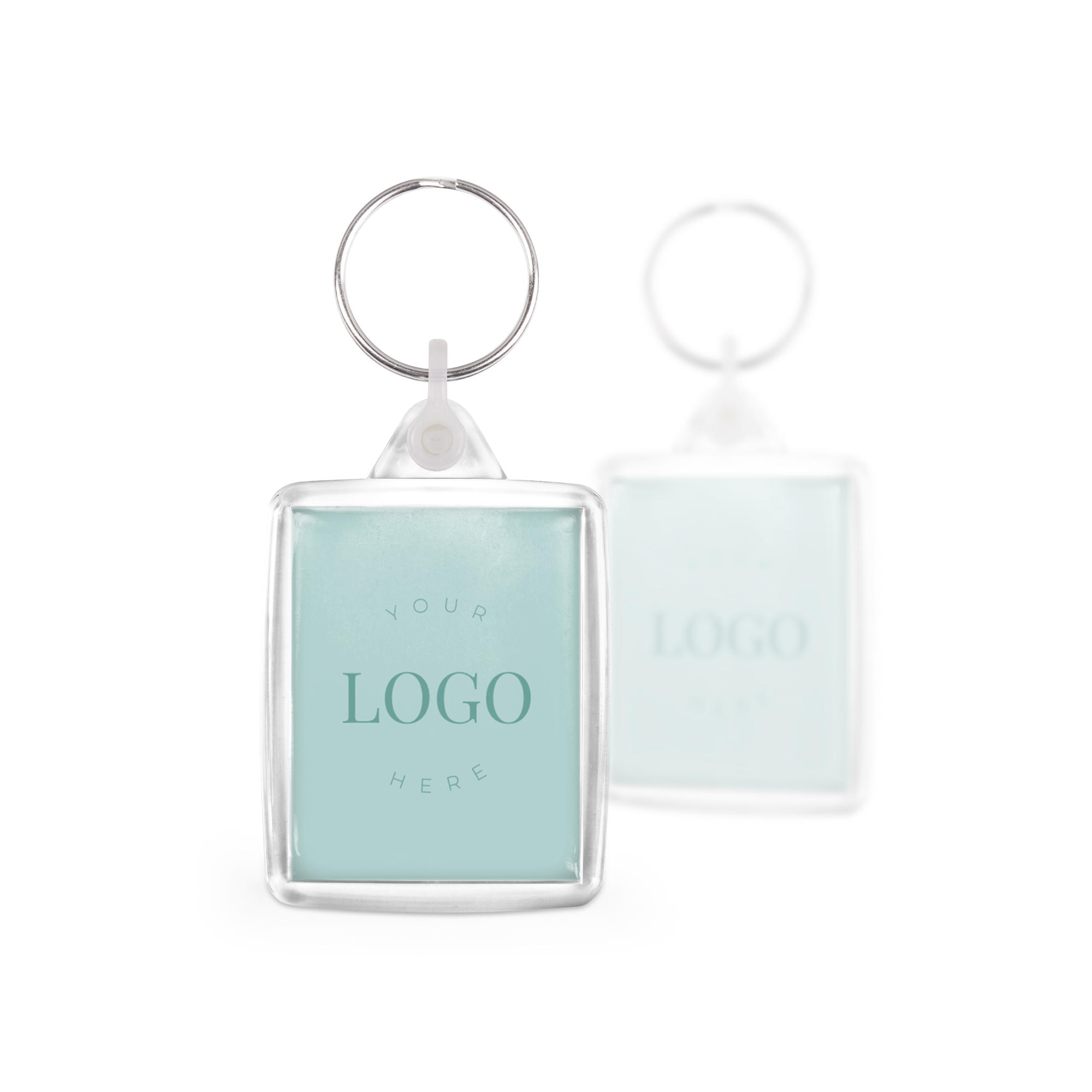Set de porte-clés personnalisable en plexi avec votre logo imprimé sur fond vert clair