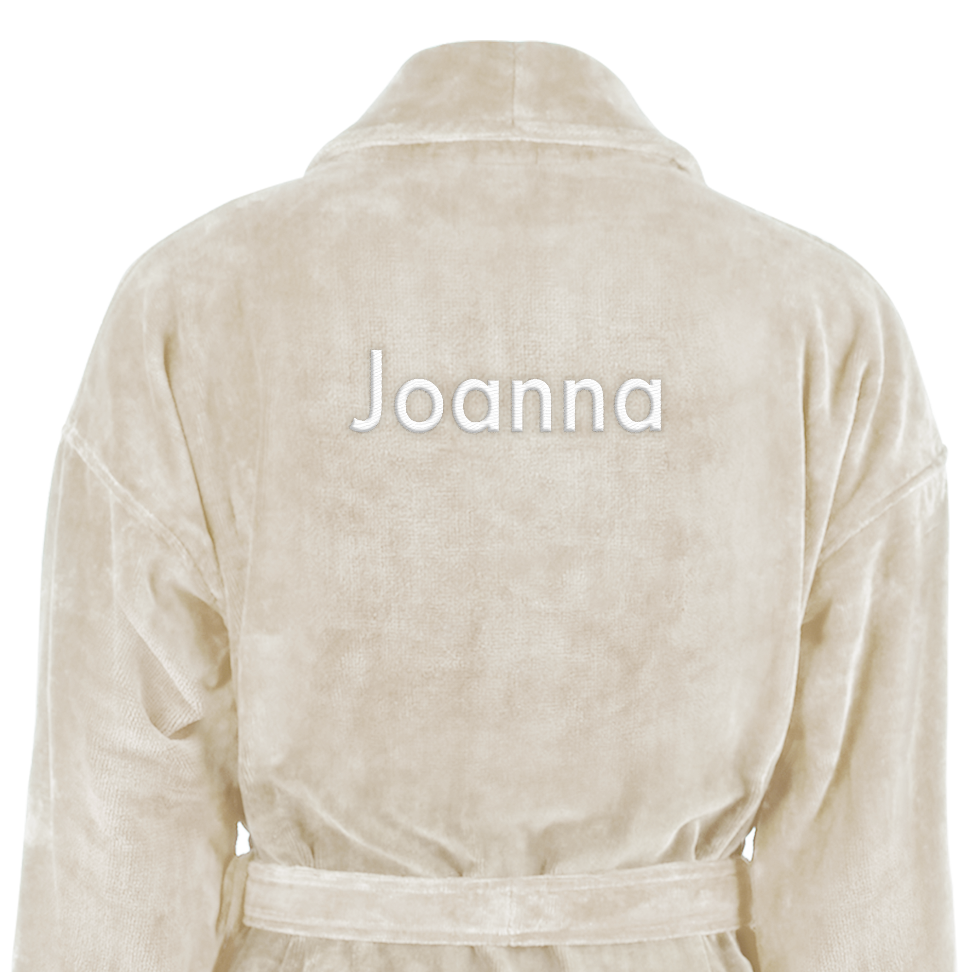 Accappatoio di lusso color panna con nome ricamato, Joanna, in bianco, sulla schiena