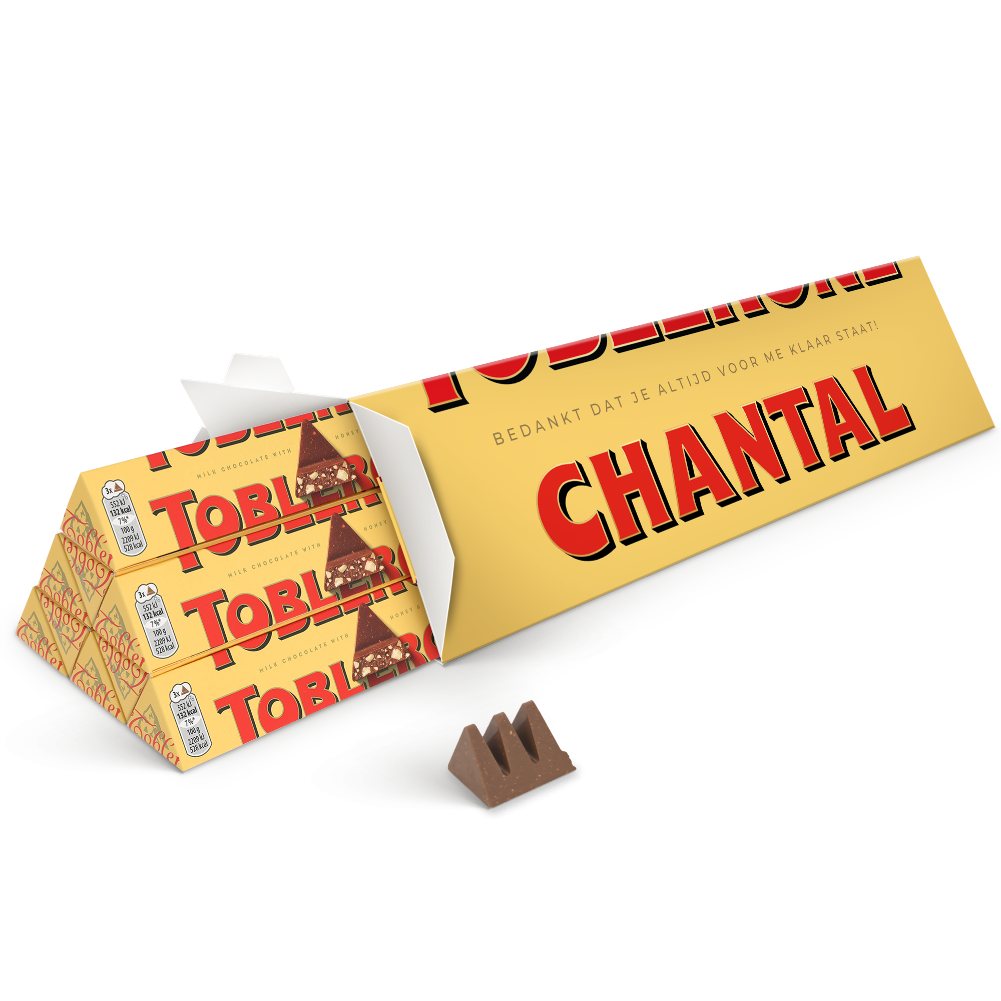 Toblerone reep met naam - 1800 gram, gepersonaliseerd met de naam Chantal en een lieve boodschap.