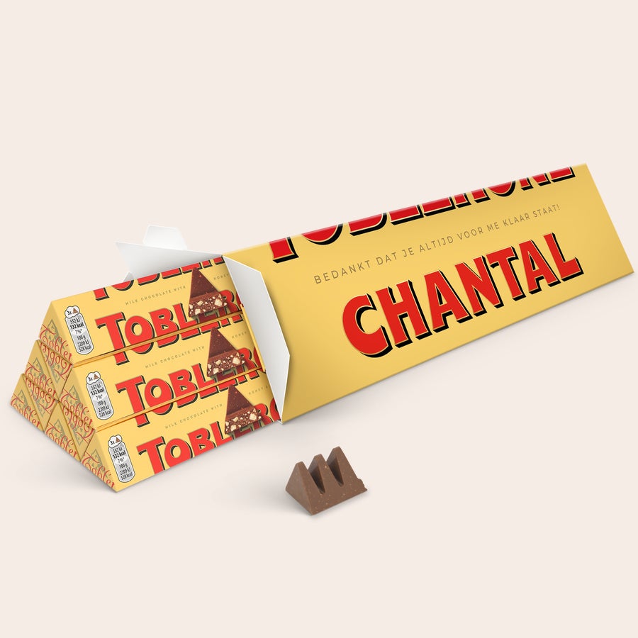 Toblerone met naam Toblerone reep met naam - 1800 gram, gepersonaliseerd met de naam Chantal en een lieve boodschap.