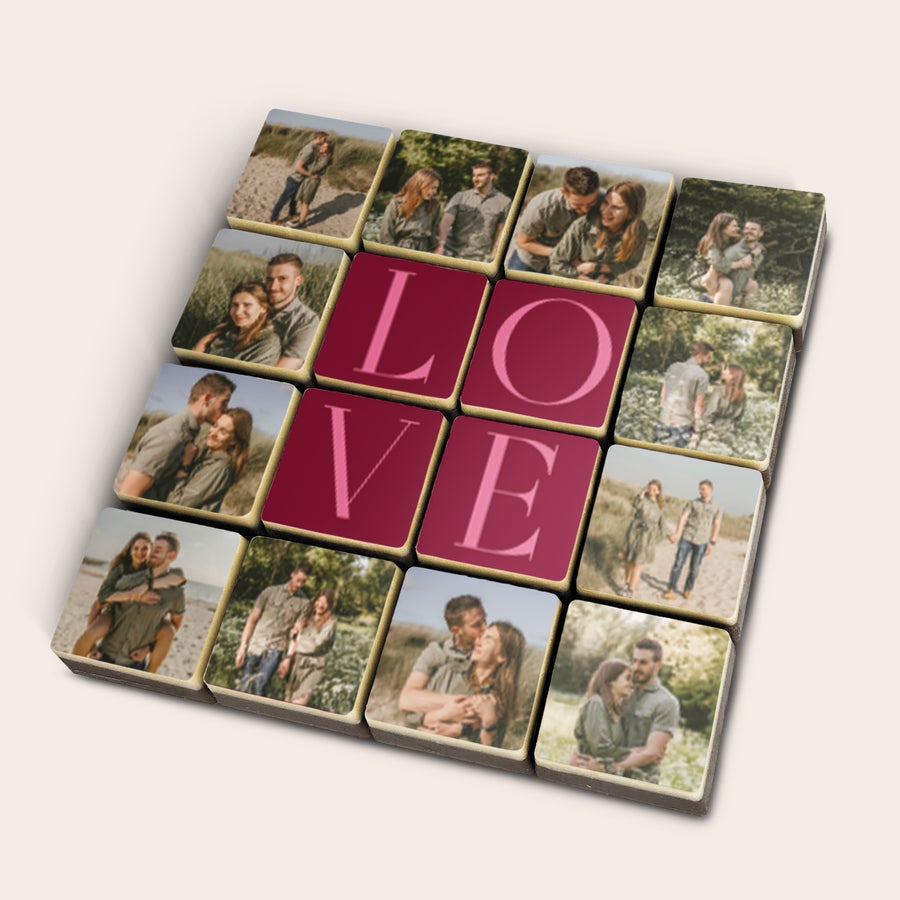 Fotografie pe bomboane de ciocolată Set de bomboane de ciocolată personalizate cu fotografia ta preferată și literele LOVE, o surpriză delicioasă