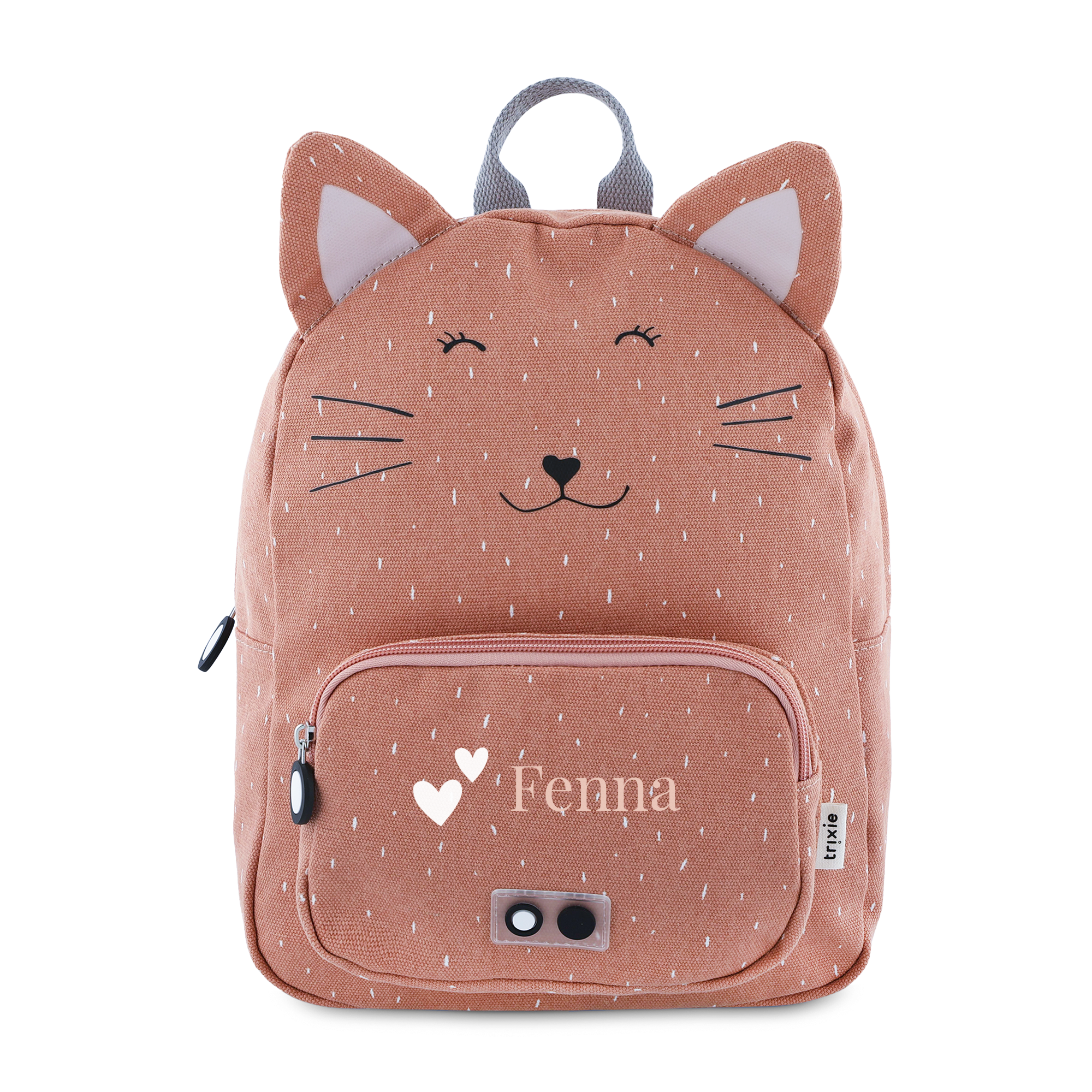 Roze kinderrugzak met schattig kattengezicht, bedrukt met de naam FENNA en twee witte hartjes op het voorvak.