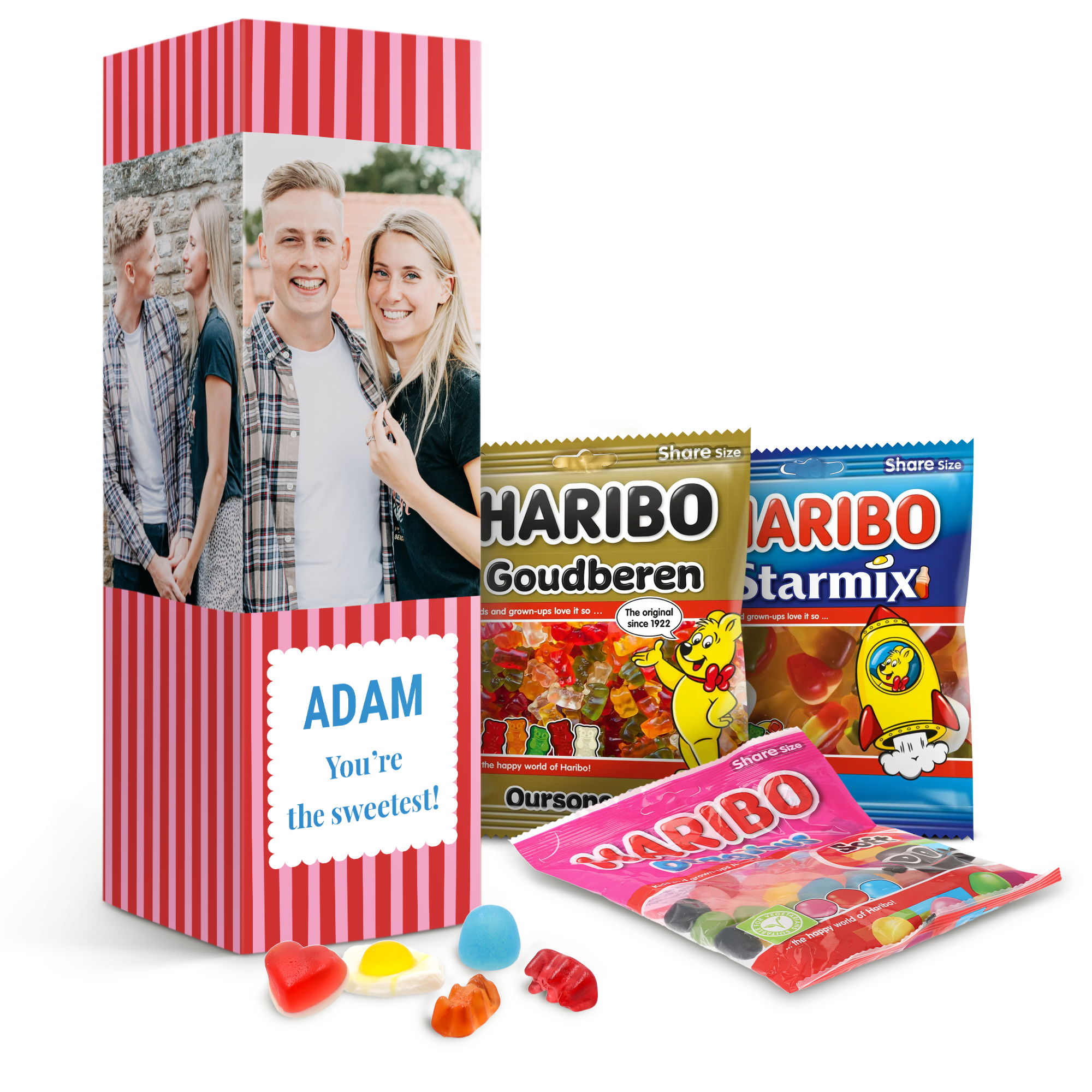 Spersonalizowane pudełko prezentowe ze słodyczami Haribo z nadrukowanym zdjęciem pary i imieniem Adam