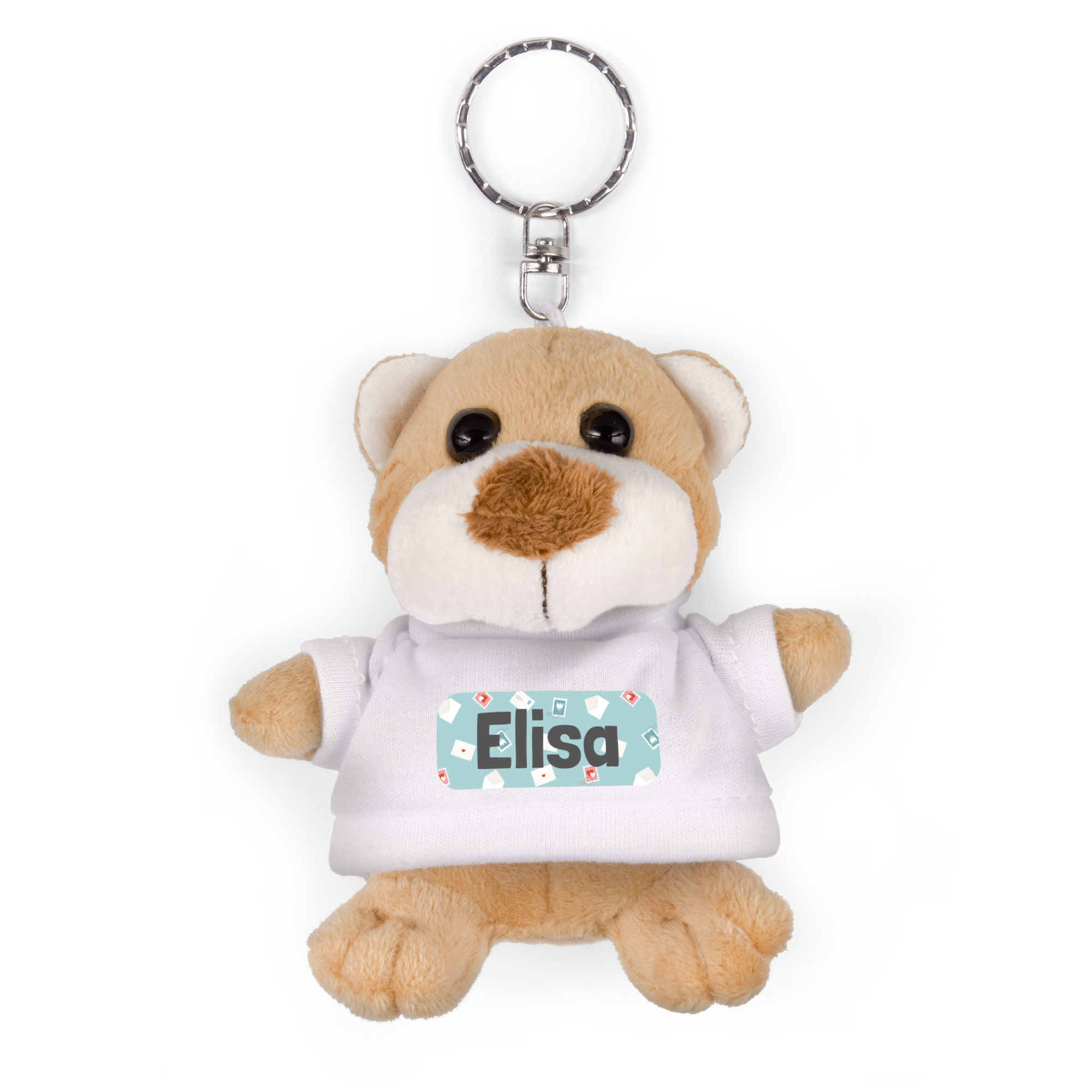 Breloc cu ursuleț de pluș personalizat cu numele Elisa, imprimat pe un tricou alb.