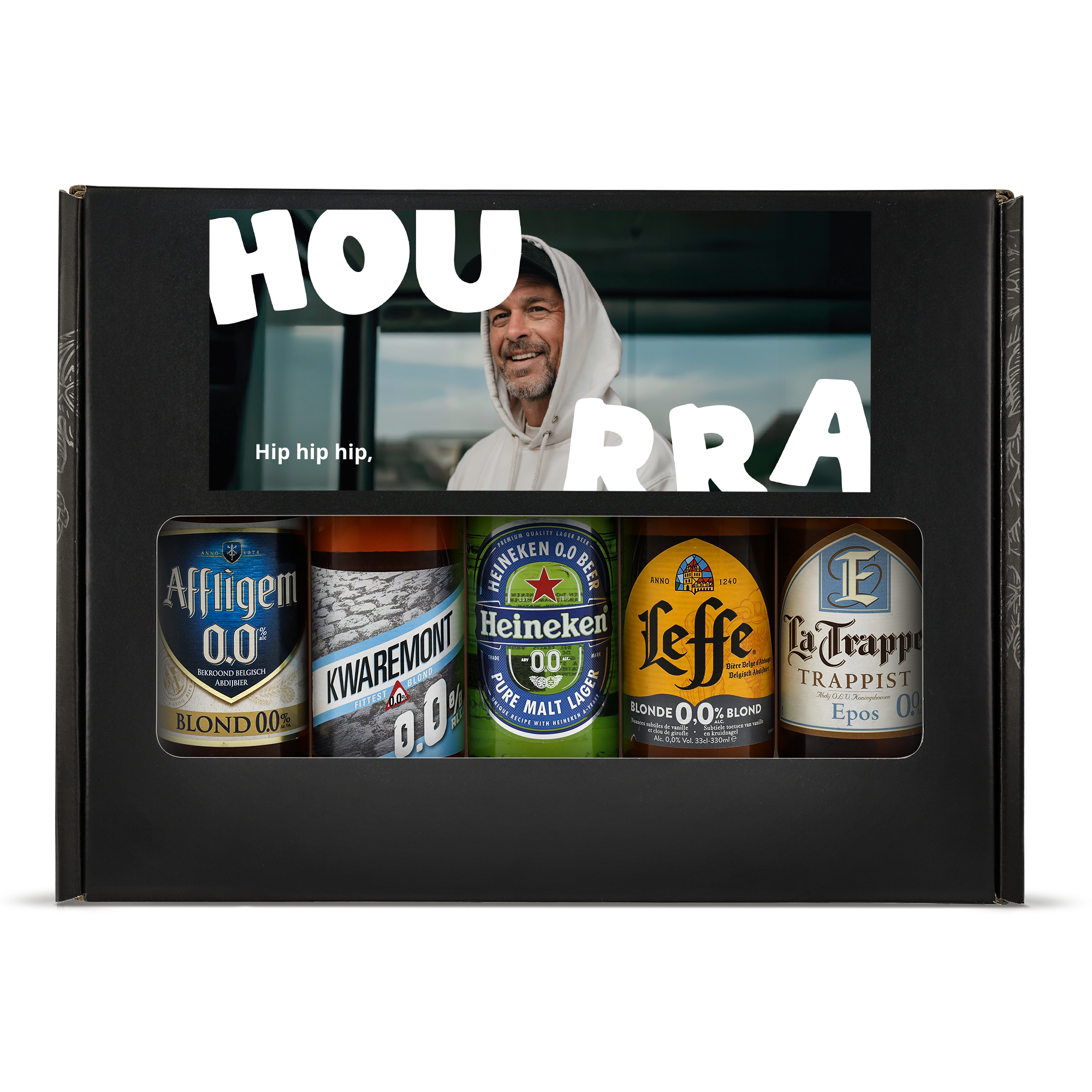Coffret cadeau de bière personnalisé - Sans alcool, avec photo imprimée d'un homme souriant et diverses bières 0.0% d'alcool