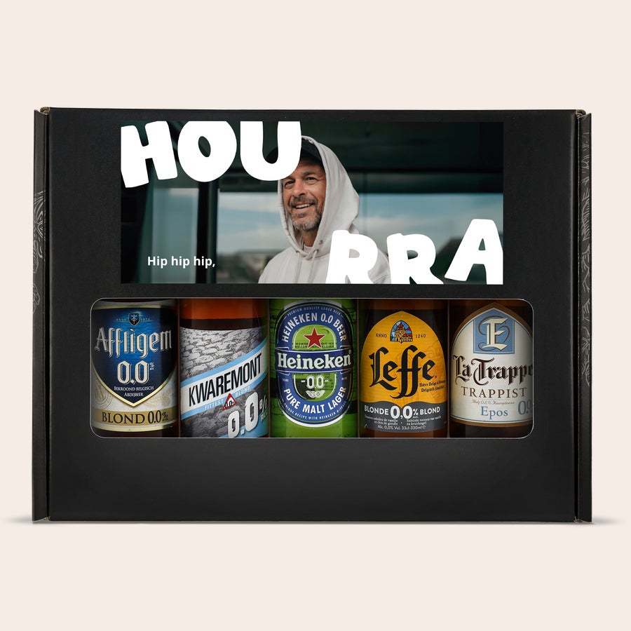 Coffret à bière personnalisé Coffret cadeau de bière personnalisé - Sans alcool, avec photo imprimée d'un homme souriant et diverses bières 0.0% d'alcool