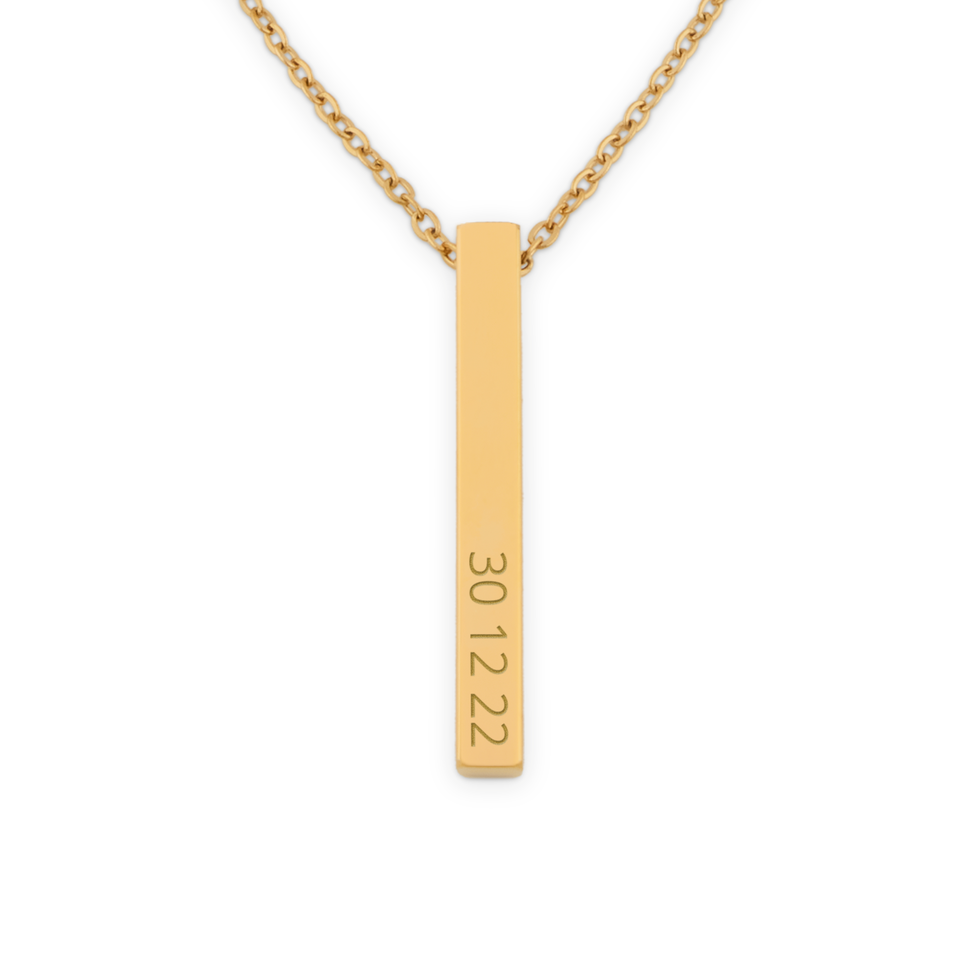 Collar de barras dorado, grabado con la fecha 30 12 22, un collar de barras personalizado.