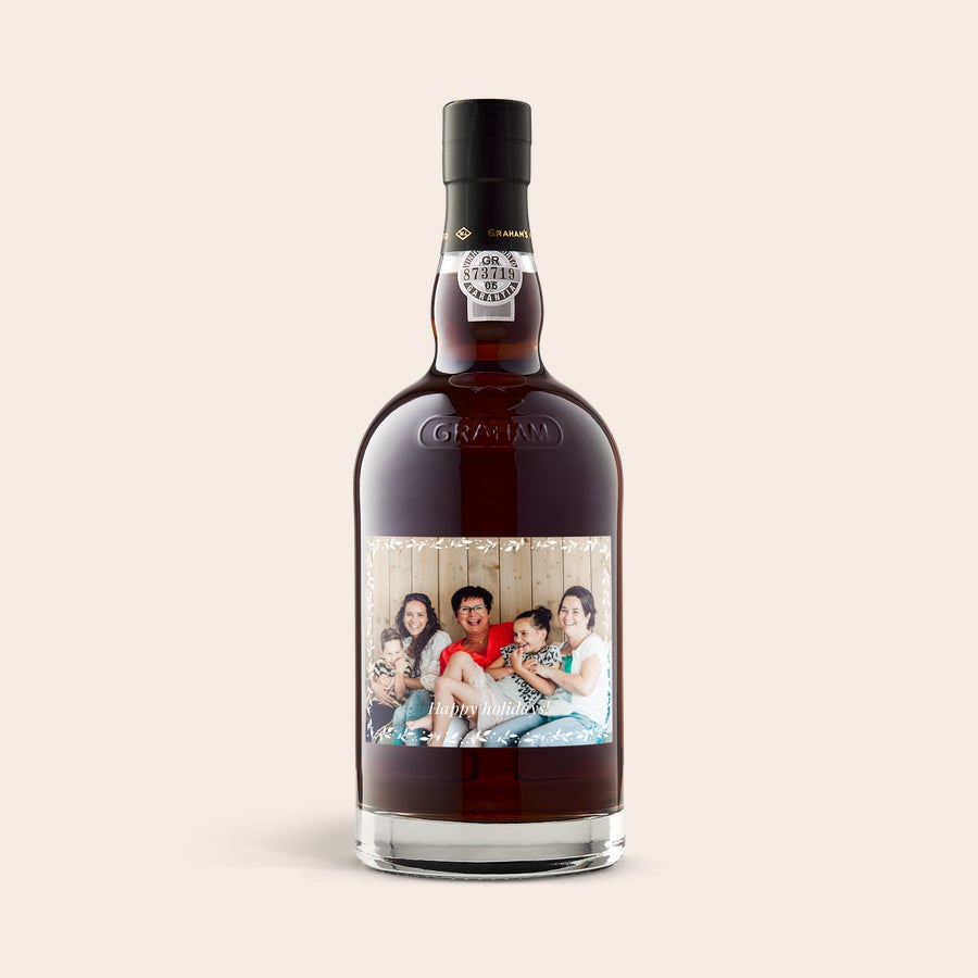 Oporto Graham's The Tawny Reserve Botella de Graham's Tawny Reserve con etiqueta personalizada de foto familiar y el texto "Happy holidays".
