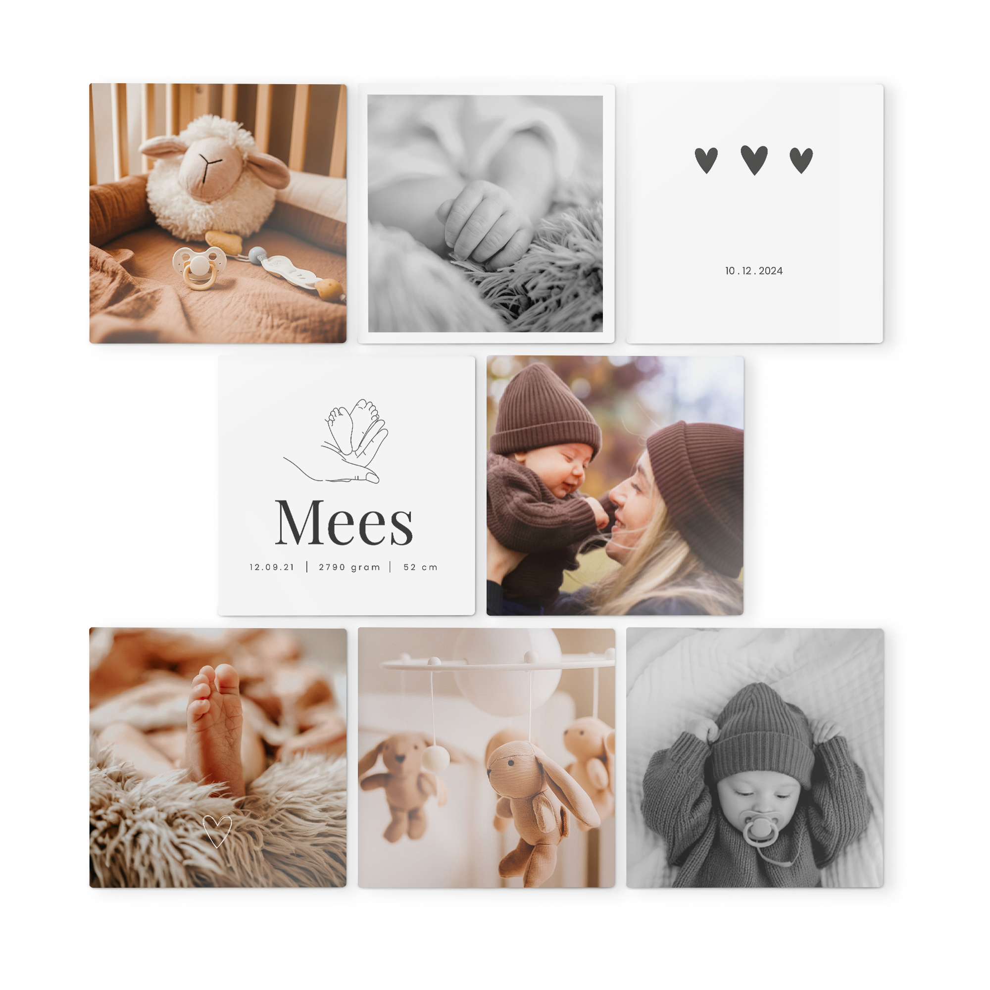 Conjunto de 6 painéis de arte de madeira personalizados com fotos de bebês e detalhes de nascimento para decorar sua parede.