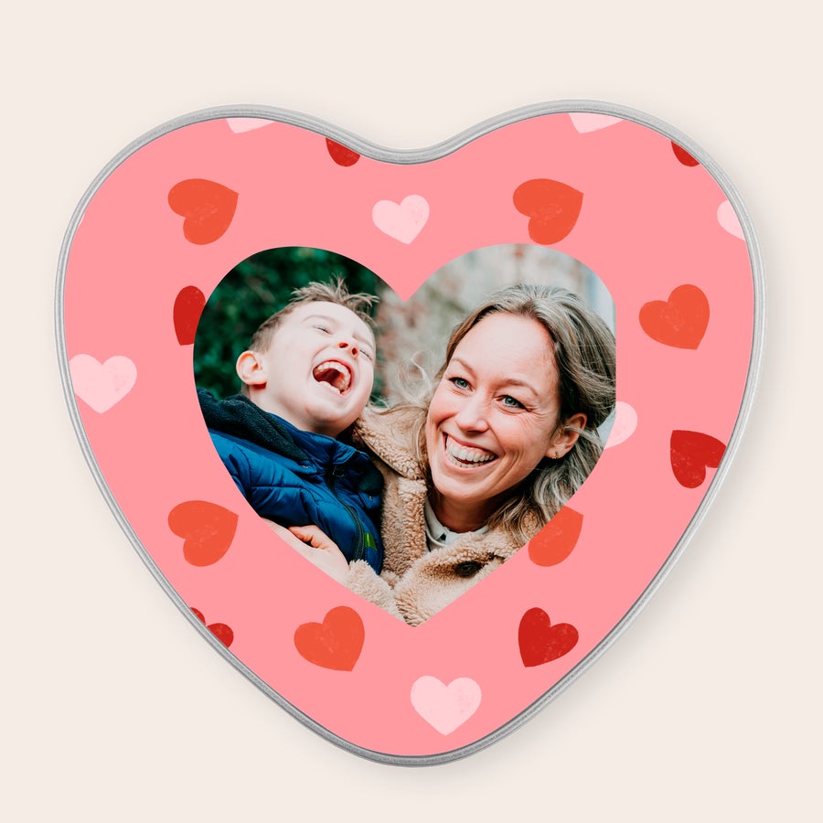 Confezione regalo personalizzata - Festa della Mamma Scatola a cuore personalizzata per la Festa della Mamma con foto stampata di madre e figlio sorridenti