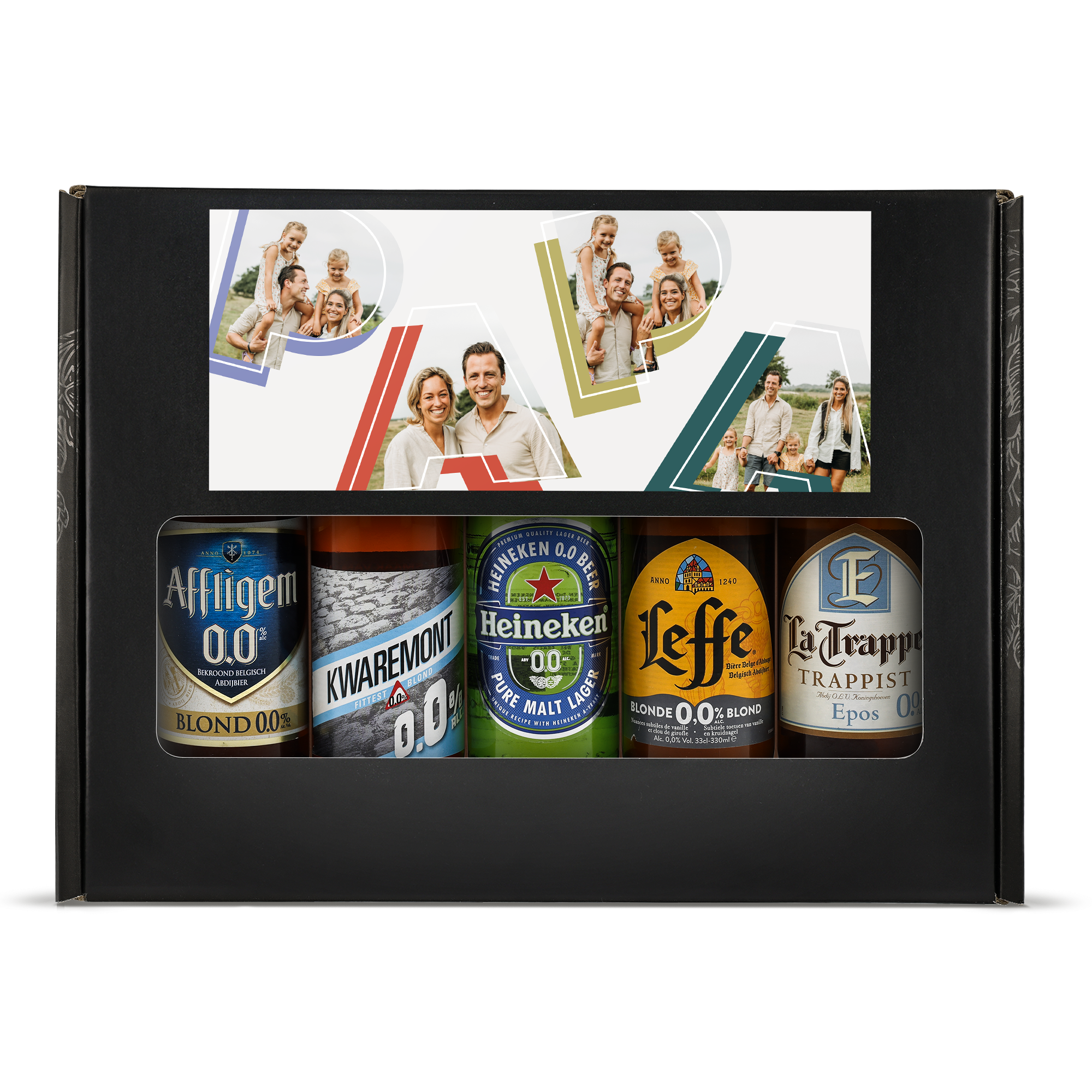 Coffret cadeau de bière personnalisé sans alcool avec photo imprimée et cinq bières belges