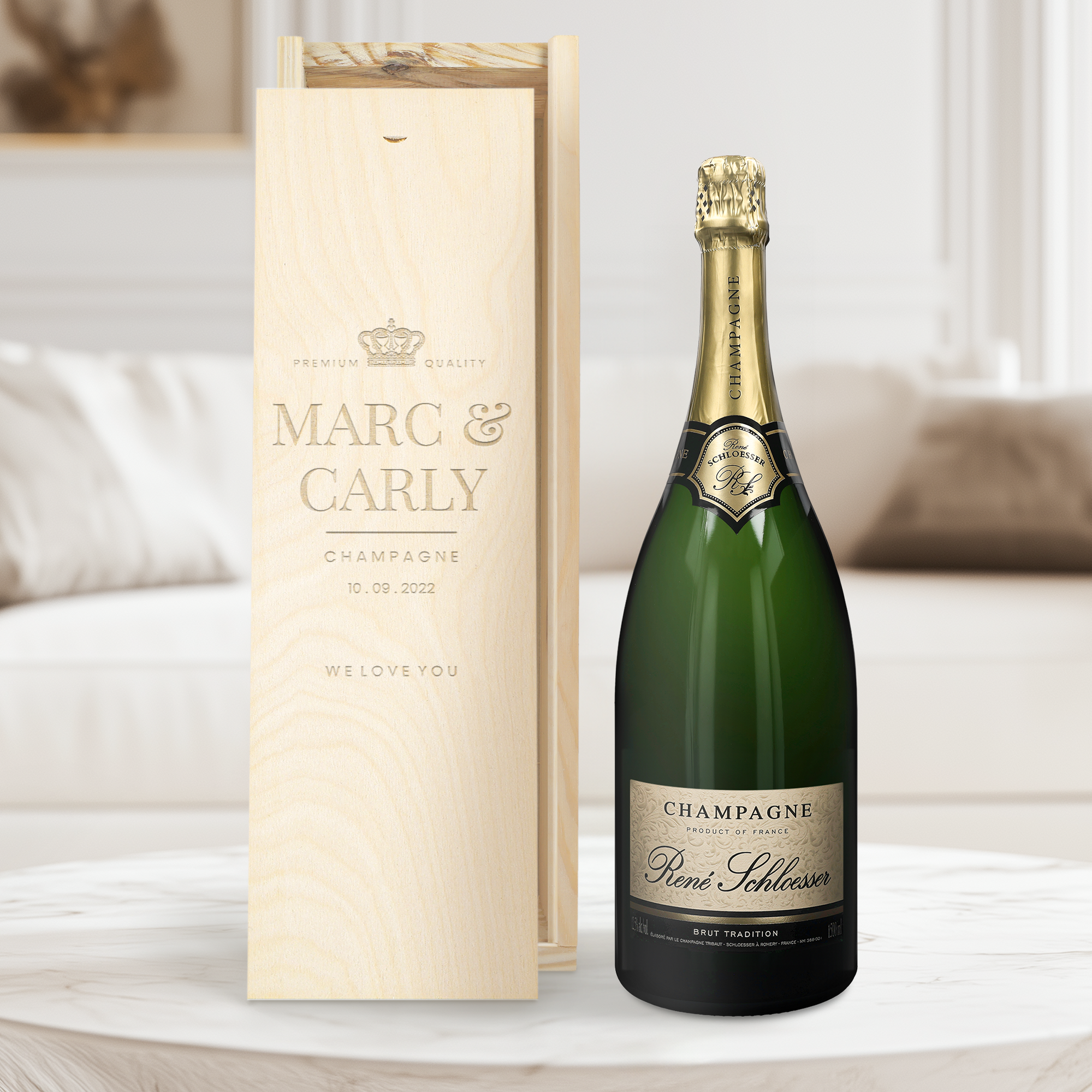 Personalised champagne gift - René Schloesser Magnum - Engraved wooden case