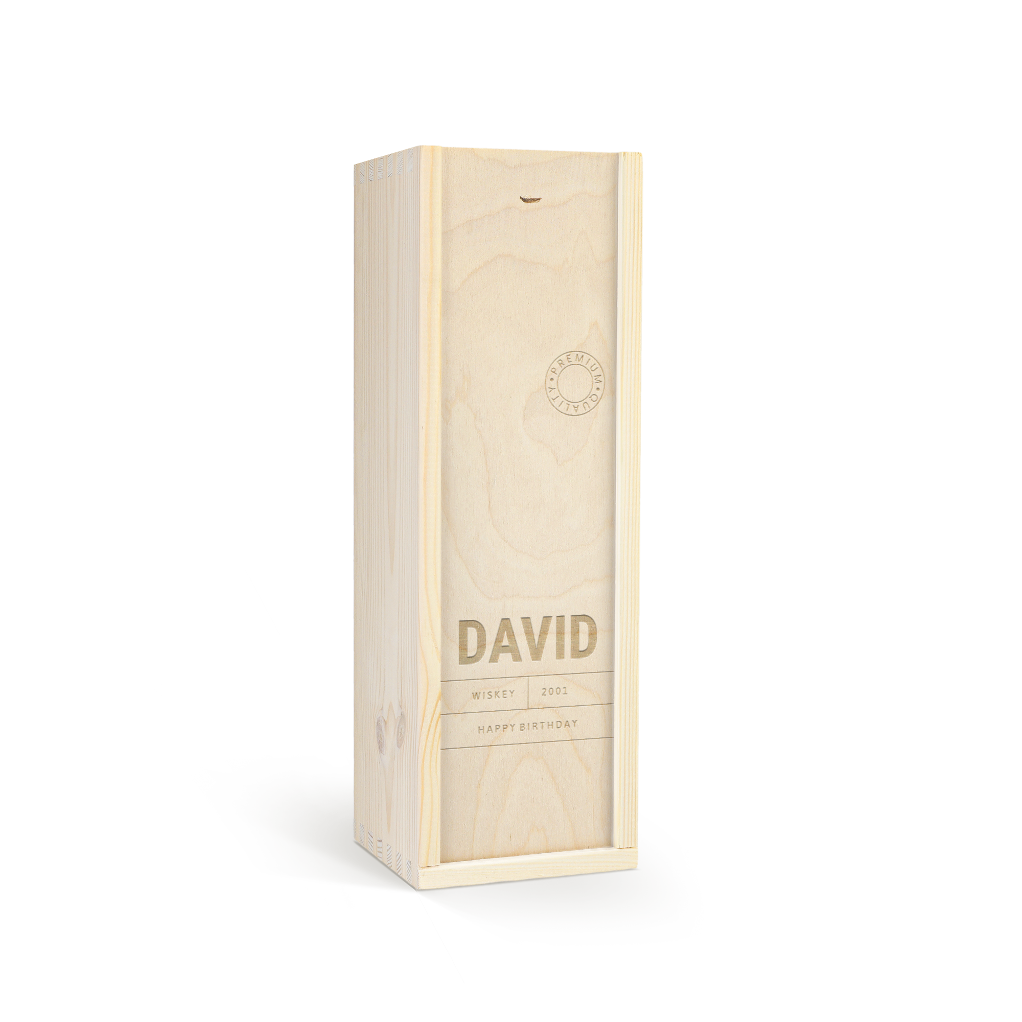 Fľaša whisky Jameson v gravírovanom drevenom obale s menom David a nápisom Happy Birthday