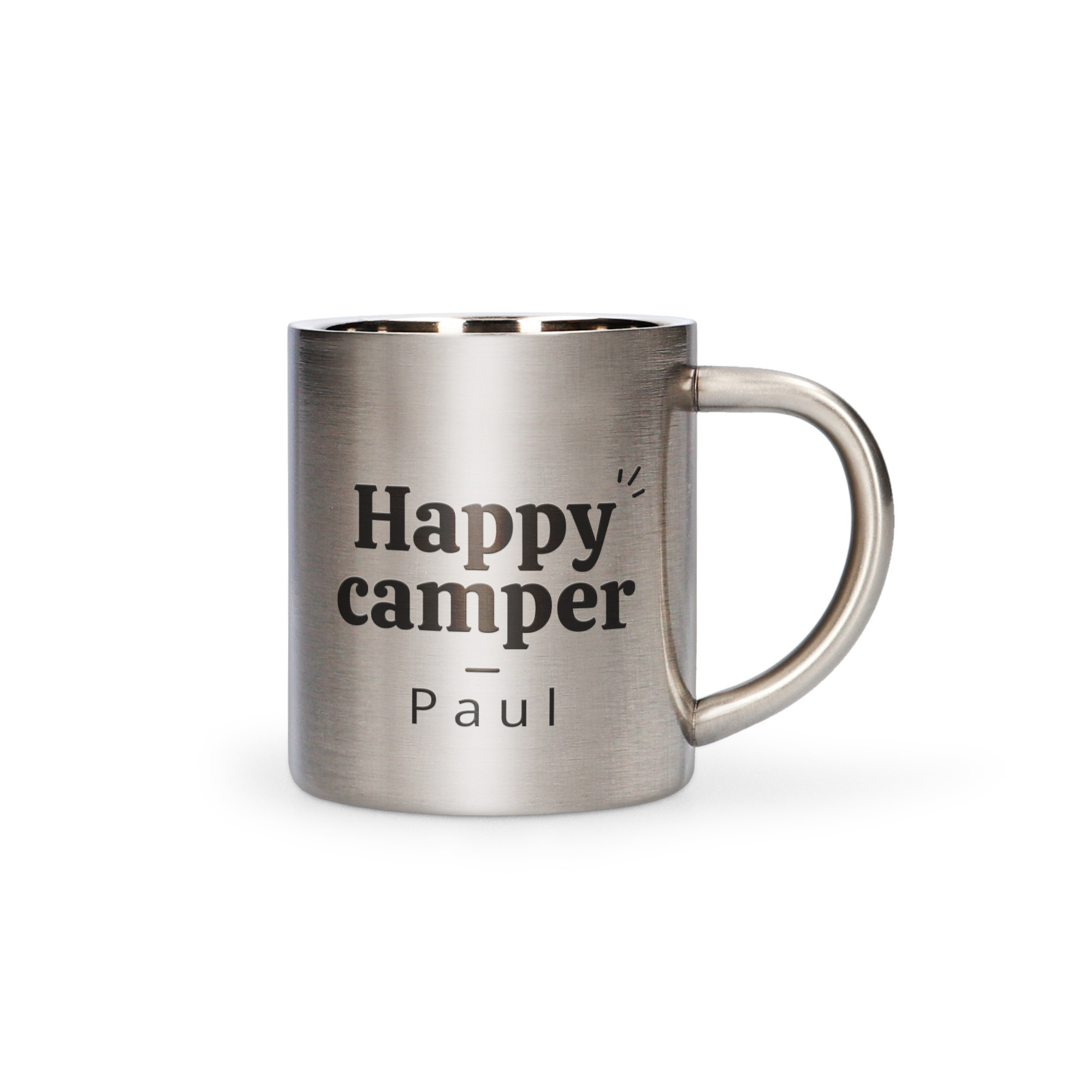 Ocelový hrnek s potiskem Happy camper a jménem Paul, skvělý dárek s vlastním designem