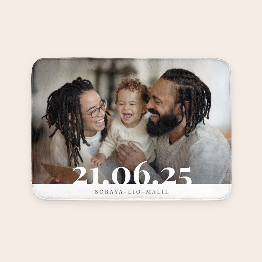 Tapete de banho personalizado - 70 x 50 cm Tapete de banho personalizado impresso com foto de família, data 21.06.25 e nomes Soraya-Lio-Malil